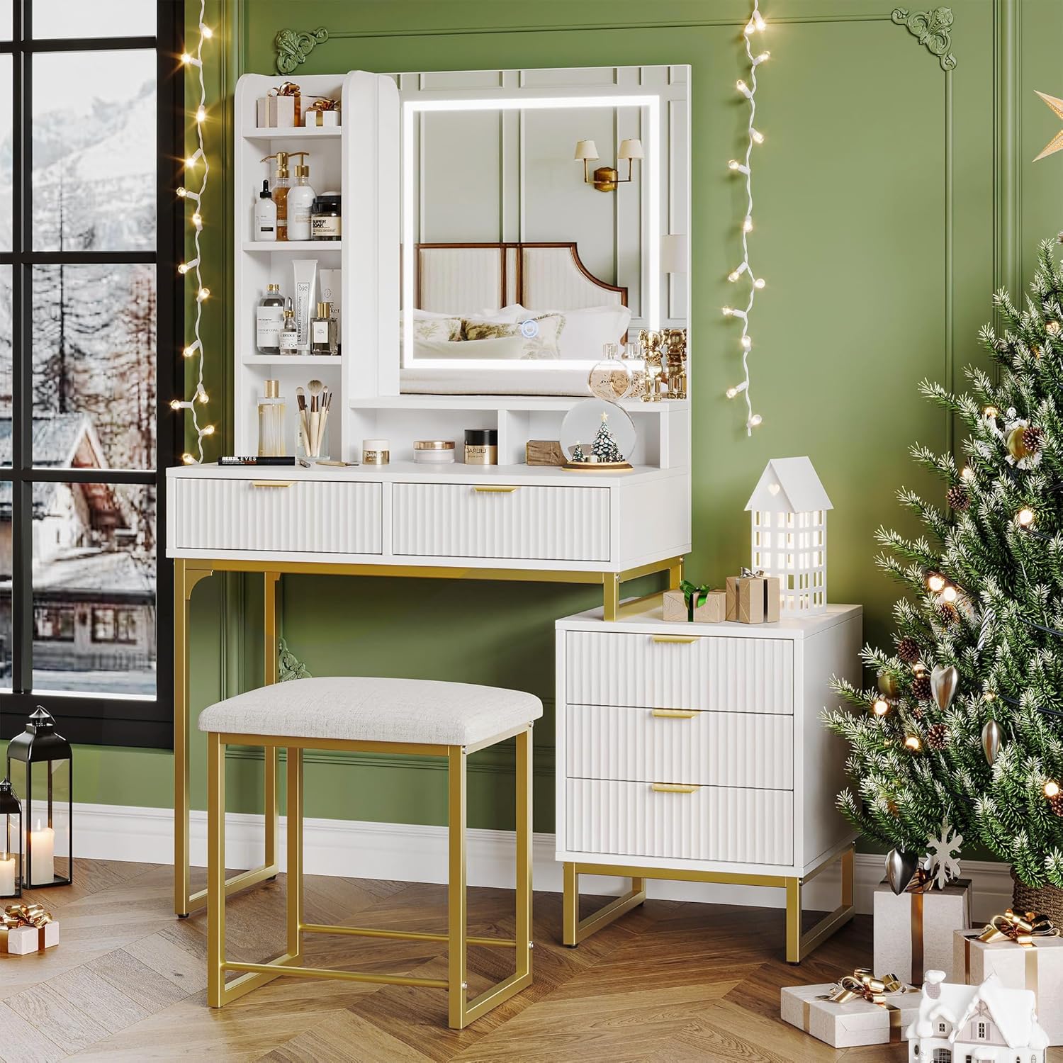 GarveeHome White Vanity Makeup Desk, Vanity Set with Mirror and 3-Mode Lights, 5 Drawers Vanity Table with Removable Side Storage Cabinet, Stool for Bedroom
