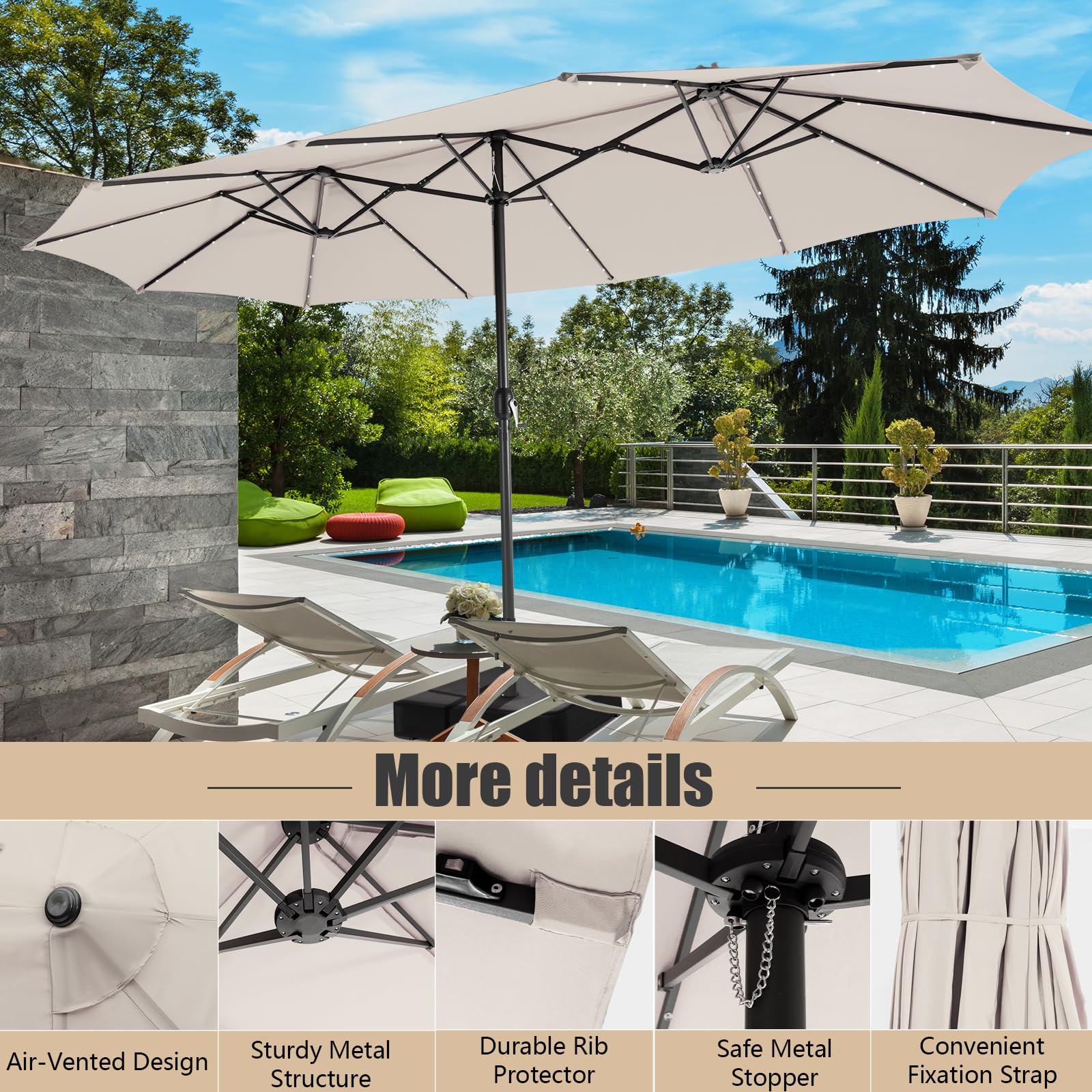 KOMFOTTEU Ombrellone da giardino doppio con 48 luci a LED, 450 x 260 cm, ombrellone rettangolare UPF 50+, grande ombrellone pieghevole per patio, piscina, terrazza, caffè, cortile