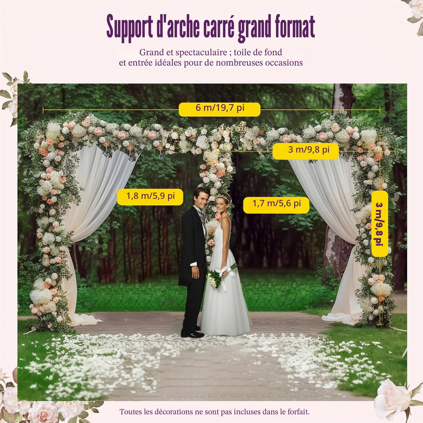 Arche de mariage 3 x 6 m - Support de fond robuste avec bases lestées en acier inoxydable pour fête de mariage, studio photo, jardin