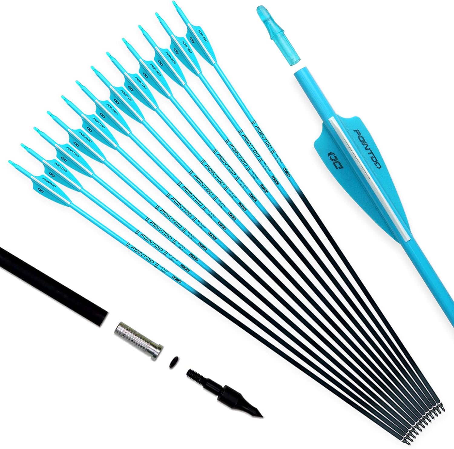 30inch Carbon Arrow Fluorescence Color Targeting and Practice and Hunting Arrows for Compound Bow and Recurve Bow with Removable Tips(Pack of 12) Lake Blue