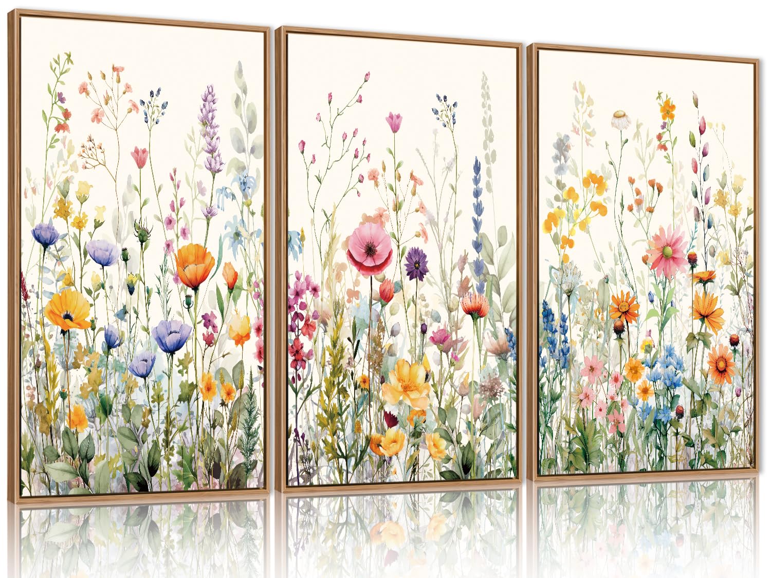 Photo 1 of FWIEXA Floral Canvas Wall Art, Framed Wildflower Pictures Wall Decor, Large Flower Prints, Colorful Botanical Artwork, Watercolor Painting 3 Panel 24x36 Inches for Living Room, Bedroom, Office, Home