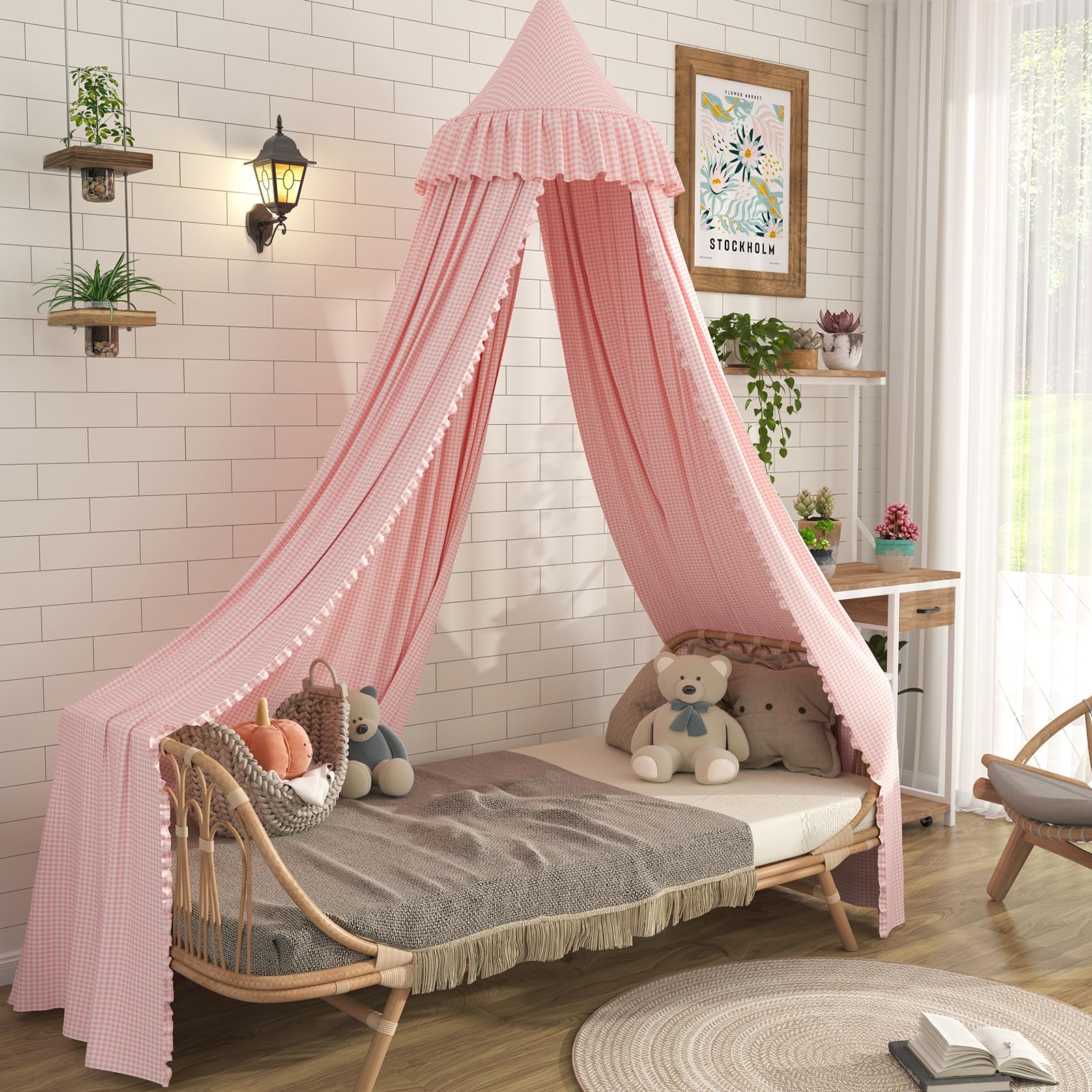 ZIQINPSQ Pink Gingham Ruffled Bed Canopy, 63.5 x 270 cm