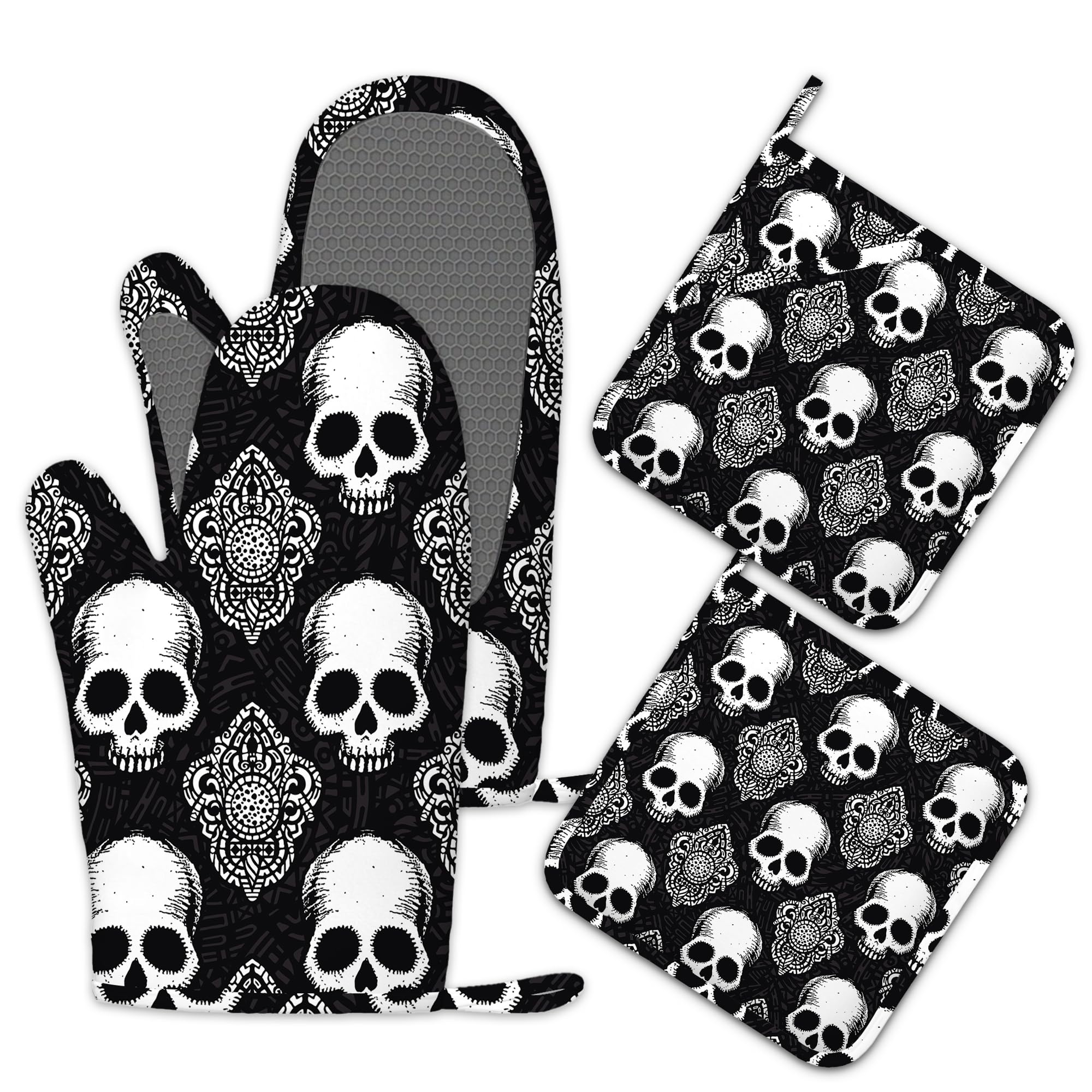 Skulls Oven Gloves Heat Resistant,Oven Mitts and Pot Holder Kitchen Non-Slip Silicone Cooking Microwave Gloves for Cooking Baking Grilling