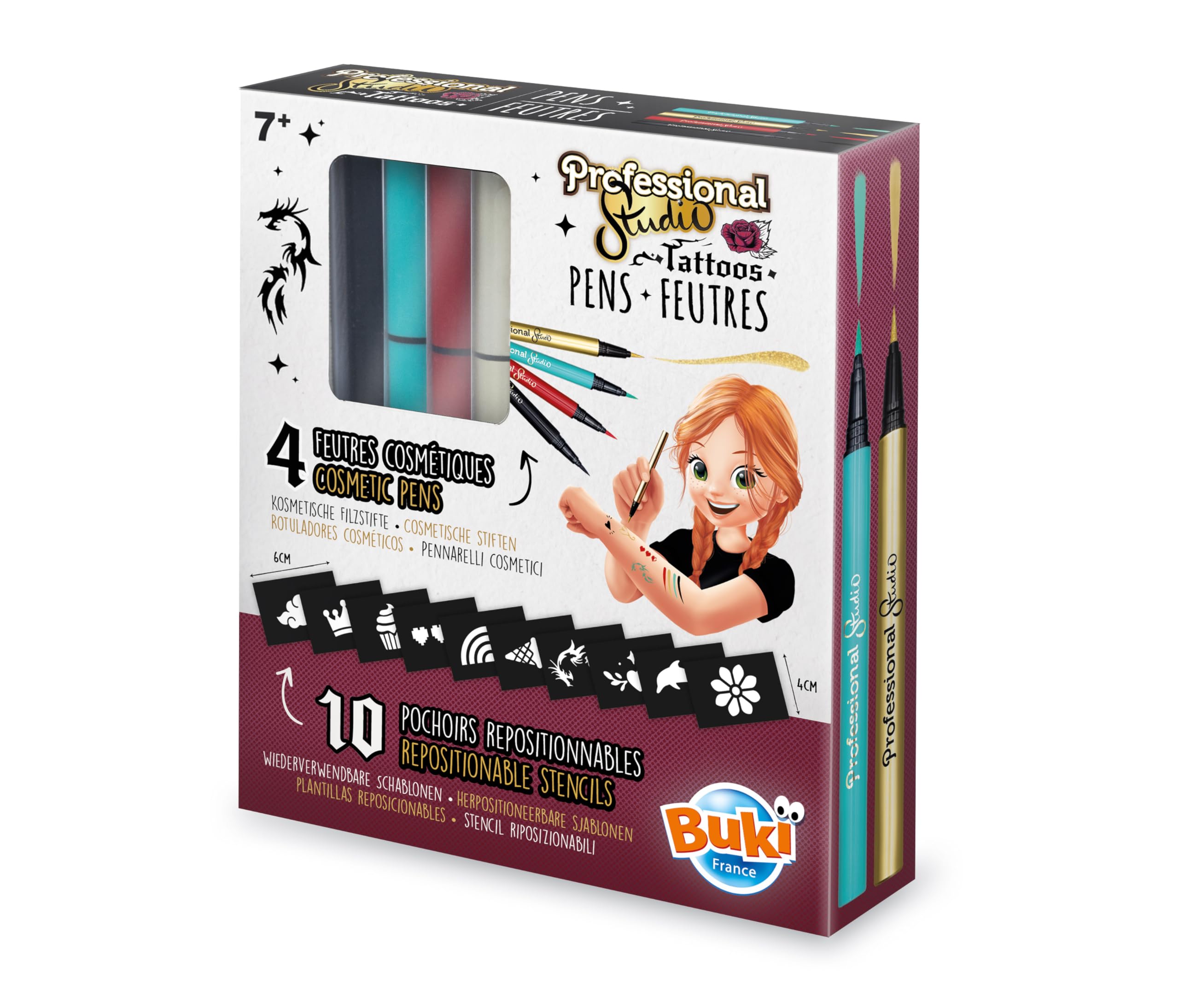 Buki Tattoos - 4 Felt-Tip Pens and 10 Repositionable Stencils - 54381