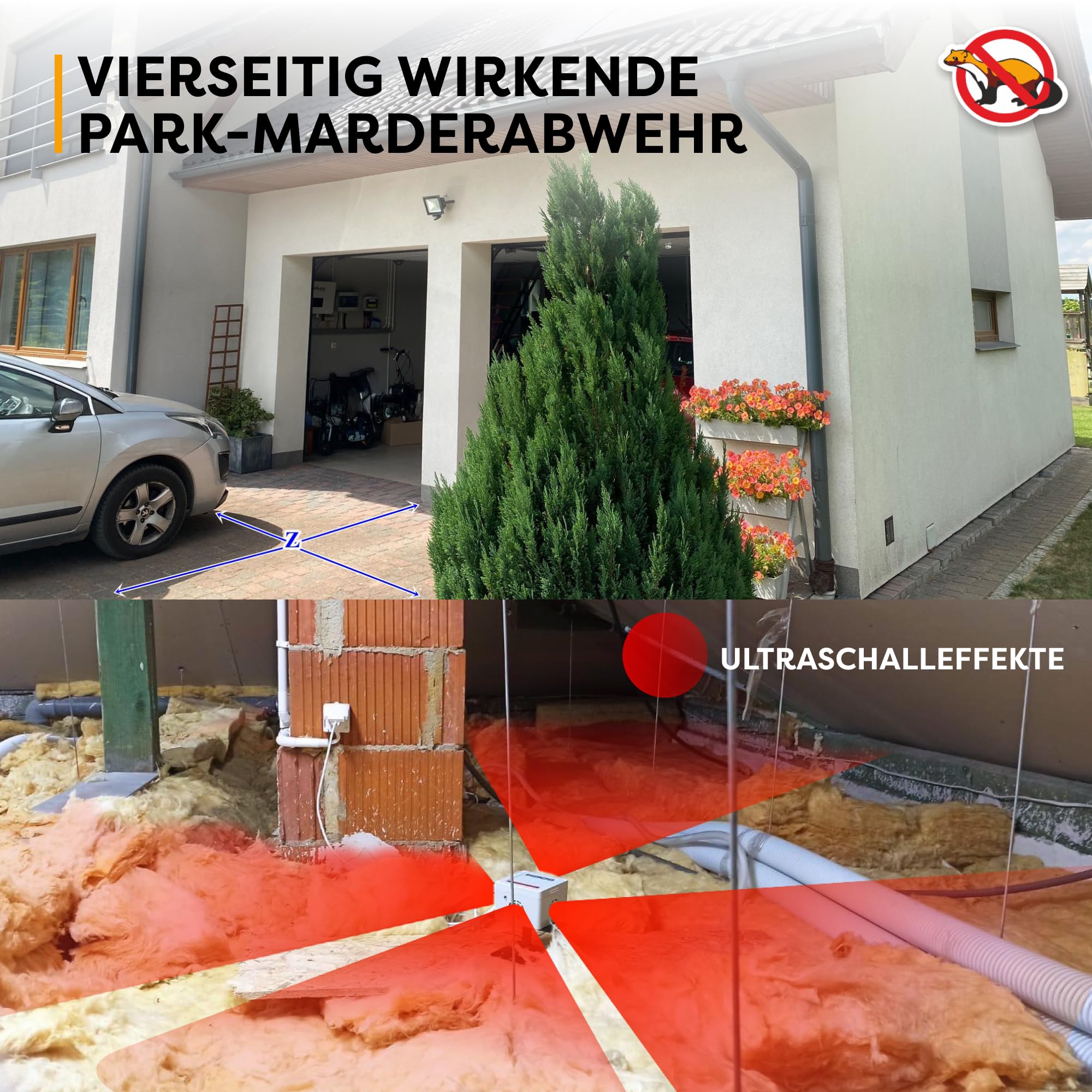 ANTYKUNA Hermetischer Mardervertreiber Light Predator – Leise 48 dB | 4 Lautsprecher | Für Parkplatz, Dachboden & Garten | Nachtbetrieb