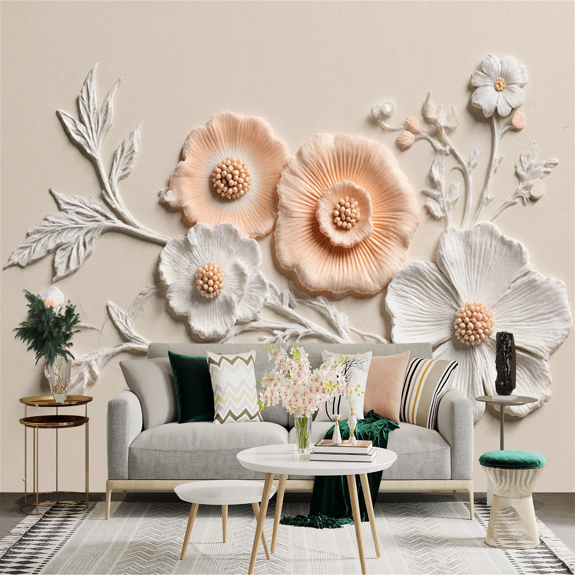 Custom Size Wall Sticker Mural， Elegant Relief Flowers， Soft Peach and White Floral Art， Minimalist Botanical Pattern， for wall Decoration， peelandstick wall Decals.