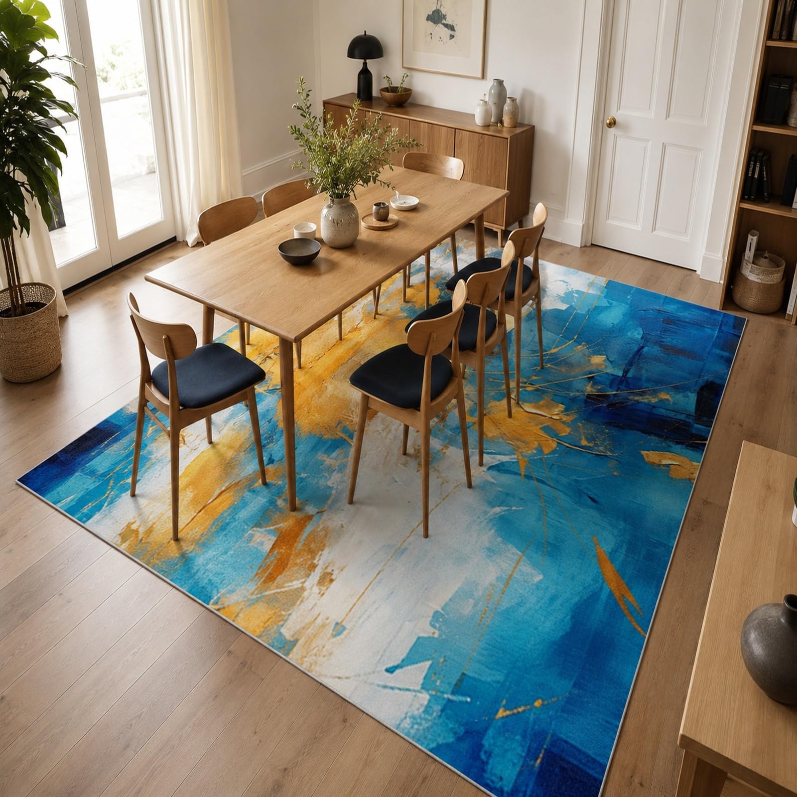 Tapis carré 100x100 cm moderne bleu et jaune à poils ras lavable