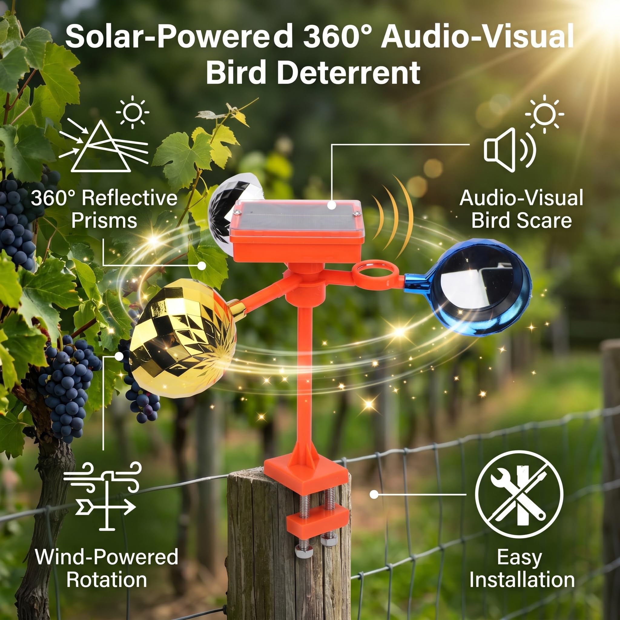 Disposente Reflectante de Pájaros Dispositivo de Viento Rotación de Viento 360 ° Prismos Reflectantes de Voz Solar Disuasa de Aves Fáciles Fácil para Control