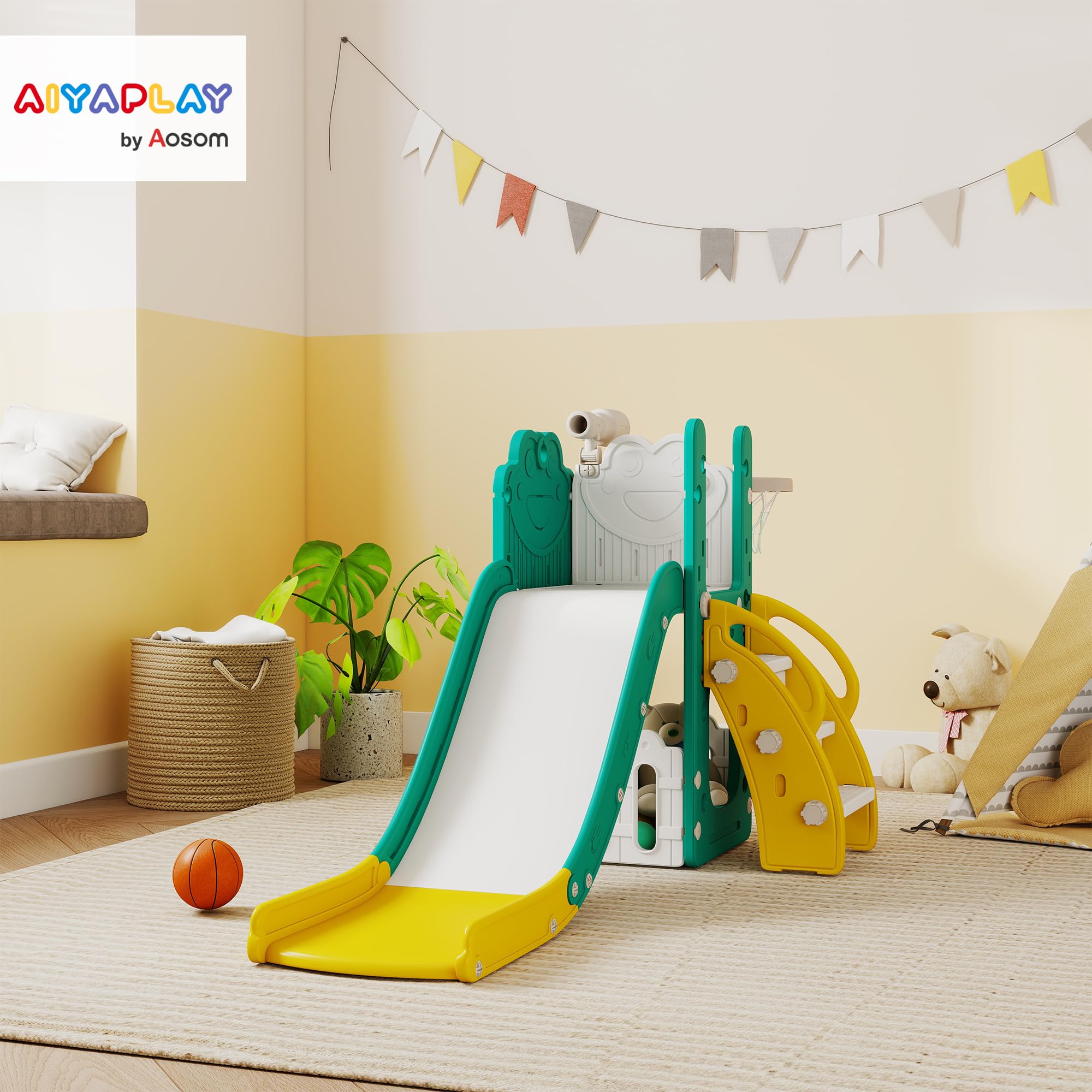 AIYAPLAY Set Scivolo per Bambini 5 in 1 con Canestro, Scaletta, Telescopio Giocattolo e Contenitori, Giochi per Bambini da Interno ed Esterno Età 1-3 Anni, Giallo
