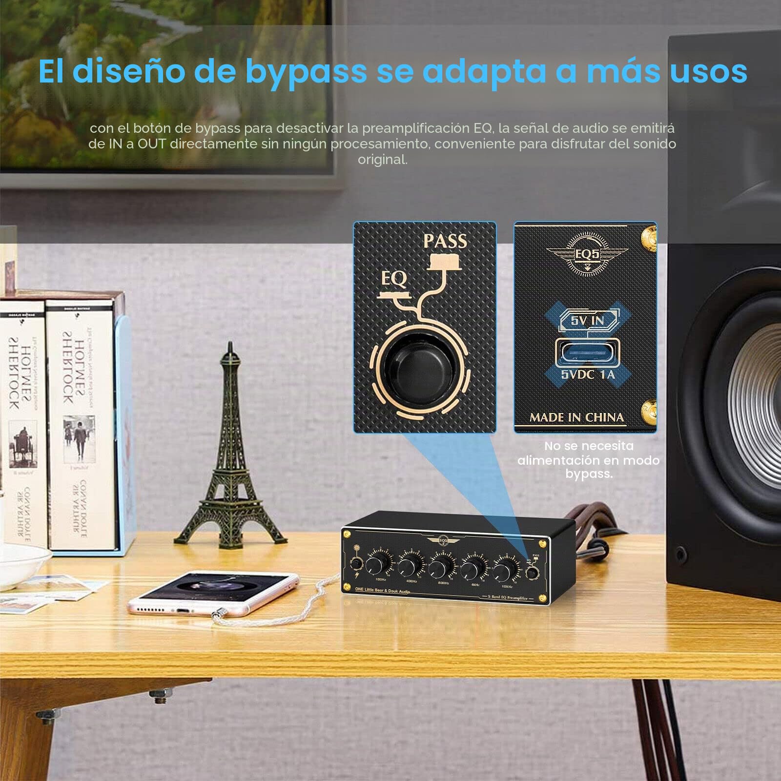 Douk Audio EQ5 - Mini preamplificador de 5 bandas EQ Preamplificador estéreo analógico Equalizer Portable Audio Processor for Home/Car (EQ5)
