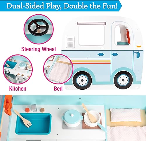 Miniatura 3 de Juego de juguete de madera con volante, cocina, estufa, horno, cama, almohada, ducha de simulación, cortinas, calcomanías personalizadas, interior