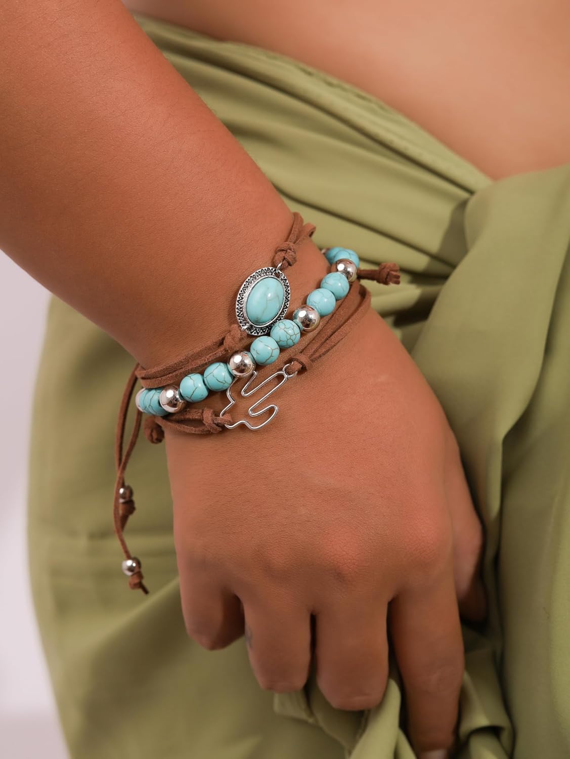 MINACHI 3-Layer Bracelet Created Turquoise Beads Faux Leather Rope Bohemian Retro Style Gift for Women - Image 4