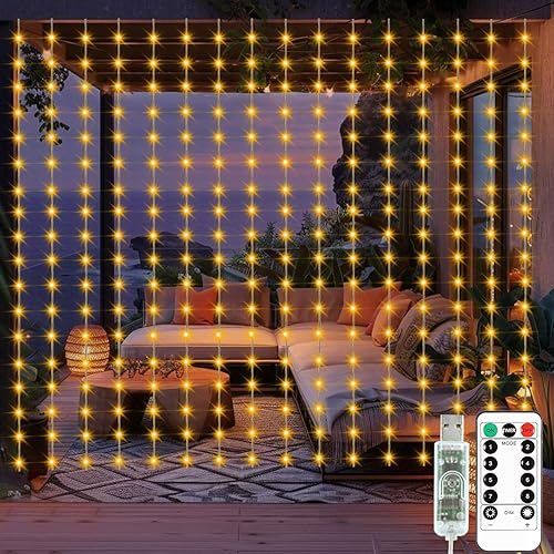 Curtain Fairy Lights Warm White LED Curtain Lights USB Powered 8 Modes Outdoor Hanging String Lights Waterproof for Backdrop, Patio,Wedding, Bedroom Decoration (8Ft x 6Ft)