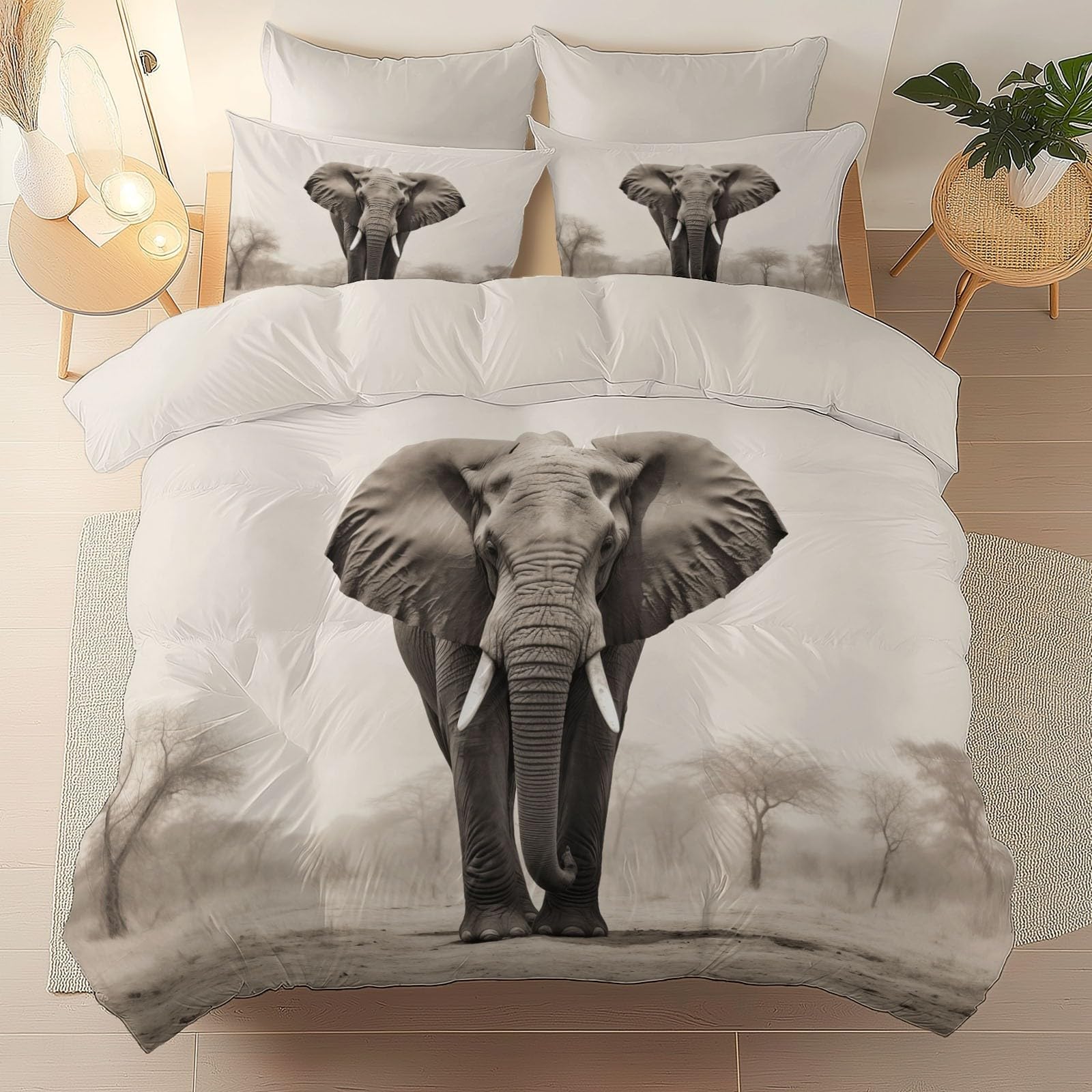 Copripiumini 200 x 200 cm 3 pezzi,reversibile Morbido Stampe Elefante Documentario Natura Selvaggia set da letto federe copripiumino per adulti Bianco