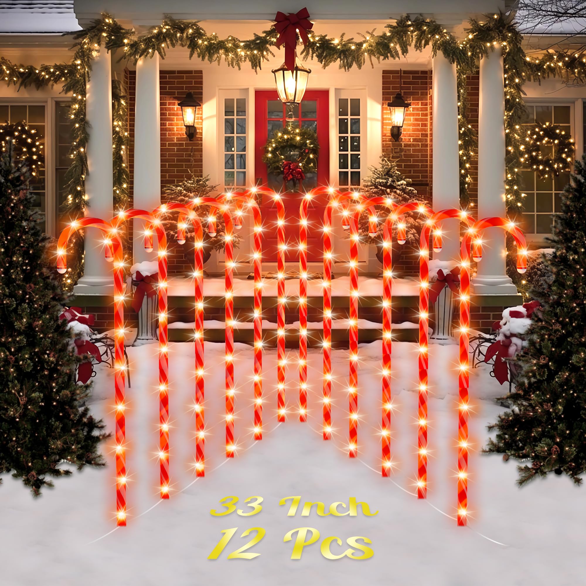 coolwufan 33" candy cane lights christmas decorations, xmas pathway markers stake lights for patio outdoor yard decor, 12 pack