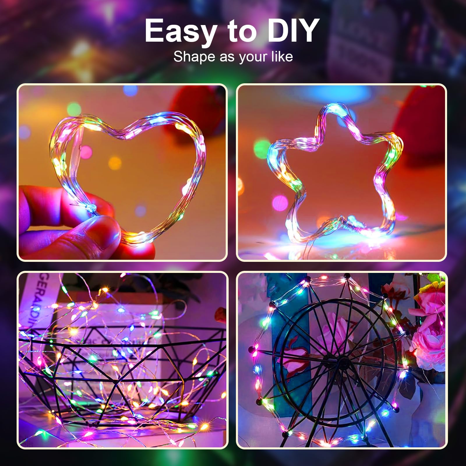 AIKEI Guirnalda de luces LED que funcionan con pilas, 50 luces LED de 16 pies, alambre de cobre, luces de hadas estrelladas (multicolor, paquete de 4)