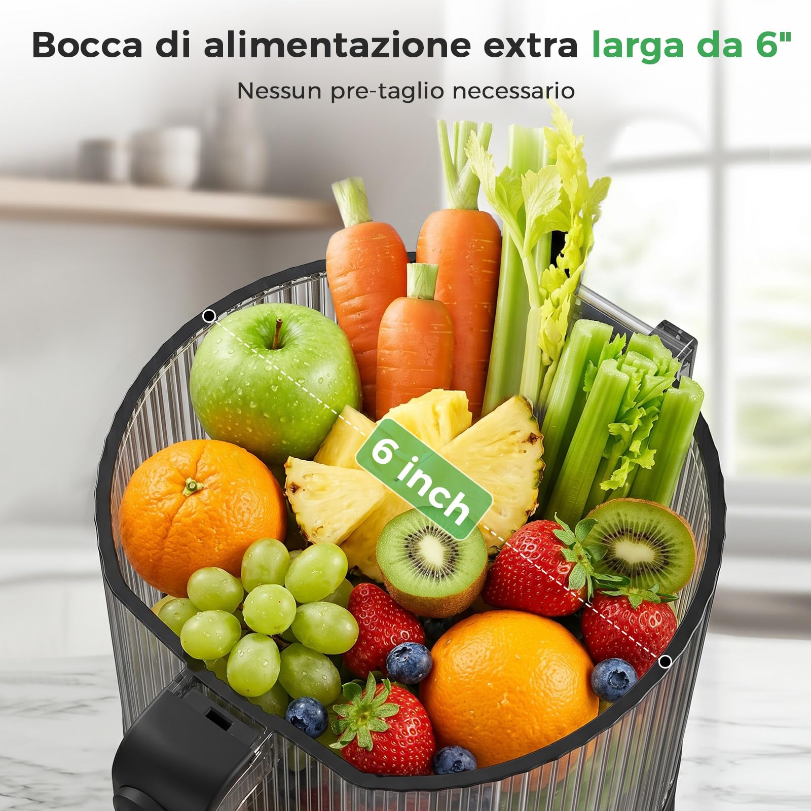 YASHE Estrattore di Succo a Freddo 600W, Bocca Extra Large 152 mm per Frutta e Verdura Intera, 3-in-1 per Succo, Sorbet e Latte Vegetale, Funzione Inversa, Senza BPA, Lavabile in Lavastoviglie