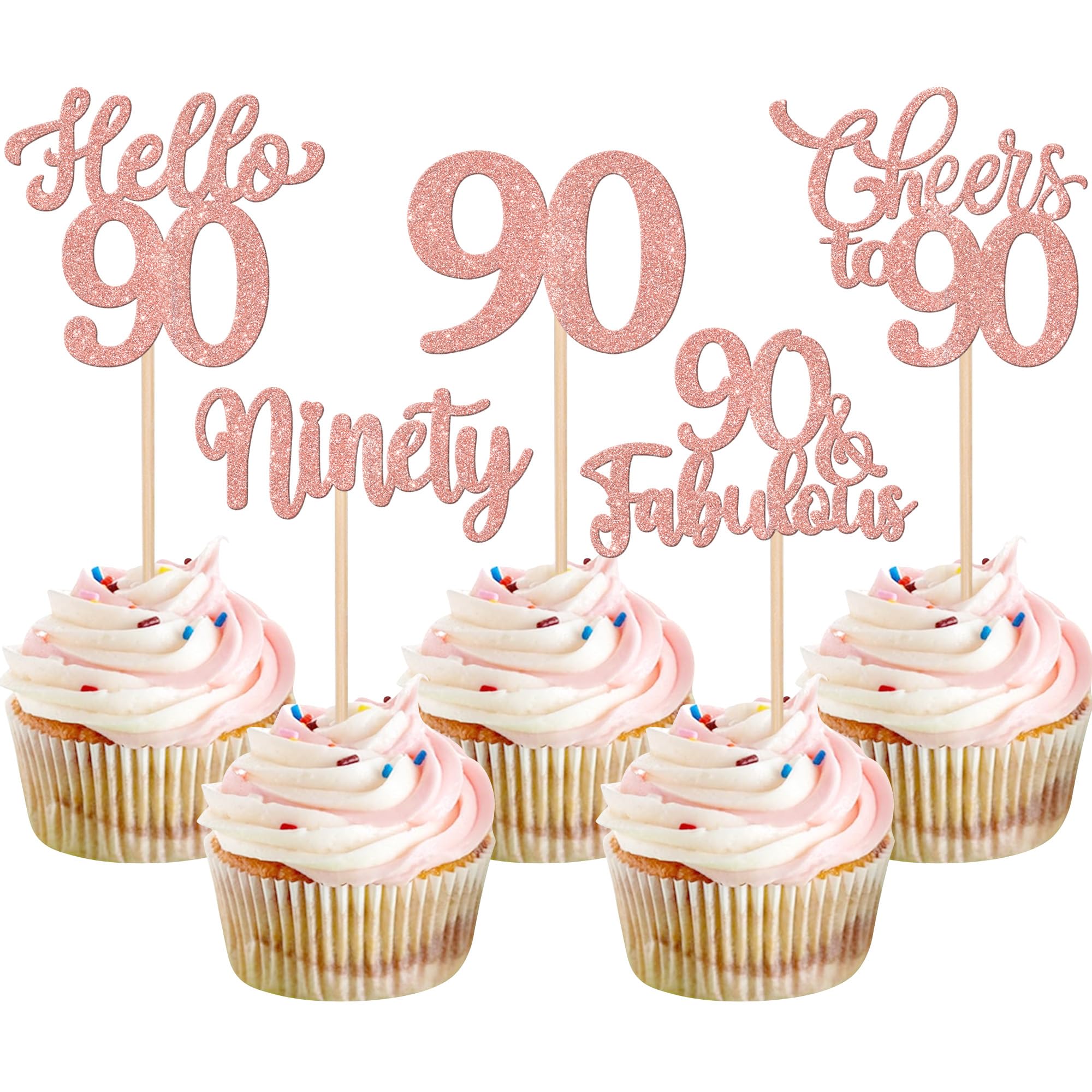 30PCS Happy 90th Birthday Cupcake Toppers Glitter Ninety Cheers to 90 Years Old Birthday Cupcake Picks Hello 90 Fabulous Cake Decorations for Happy