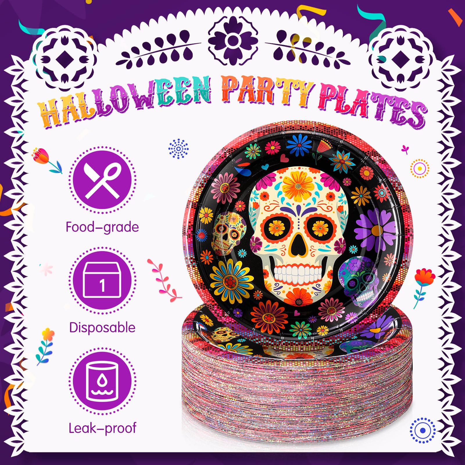 FillTouch 100 Stück Tag der Toten Pappteller 17,8 cm Sugar Skull Dia De Los Muertos Kuchen Dessertteller Tag der Toten Party Dekorationen für mexikanische Halloween Geburtstag Party Supplies