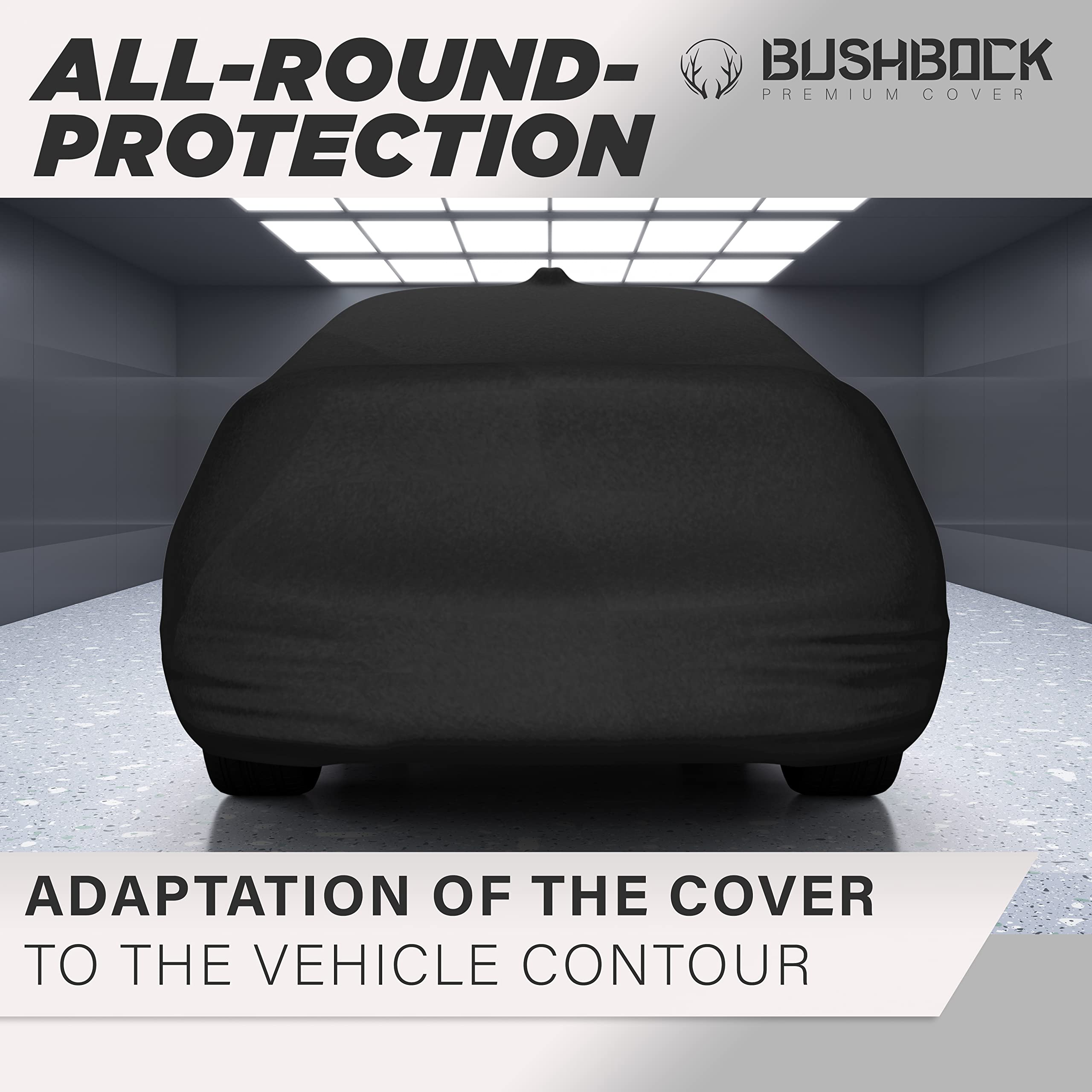 BUSHBOCK Premium Housse de Voiture d'intérieur Compatible avec Les principales Voitures, Tissu Élastique, Respirant et Anti-Poussière, Doublure Douce, Ajustement Serré (Noir, M)