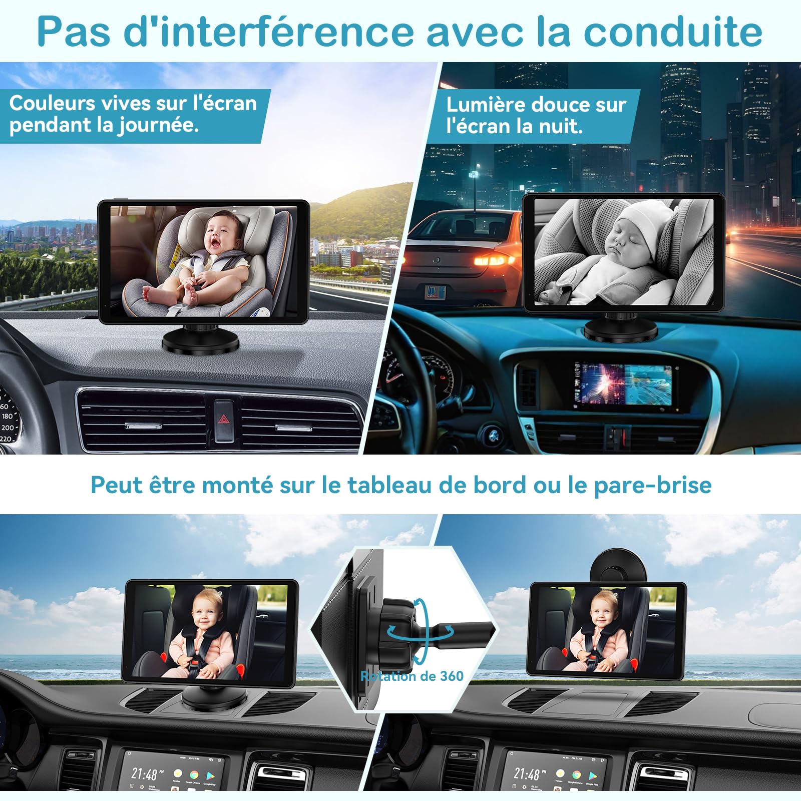 Caméra Voiture Bébé pour 2 Enfants : Écran IPS 7 Pouces avec Deux Caméras pour Siège Auto, Écran Partagé, Vision Nocturne, HD 1080P - Caméra Arrière Facile à Installer Tomoia