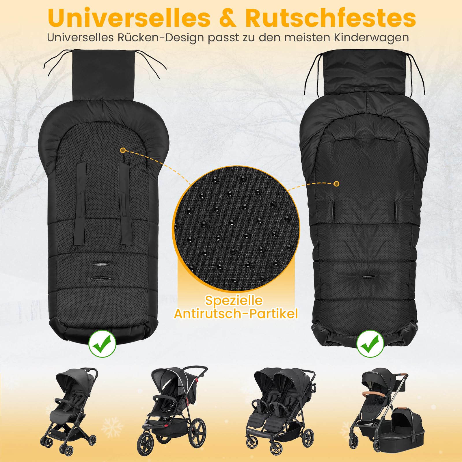 Orzbow Fußsack Kinderwagen Winter, Fusssack Baby mit Korallen-Fleece, Reißverschluss, Anti-Rutschschutz, Reflektorstreifen, Wasserdicht, Schwarz