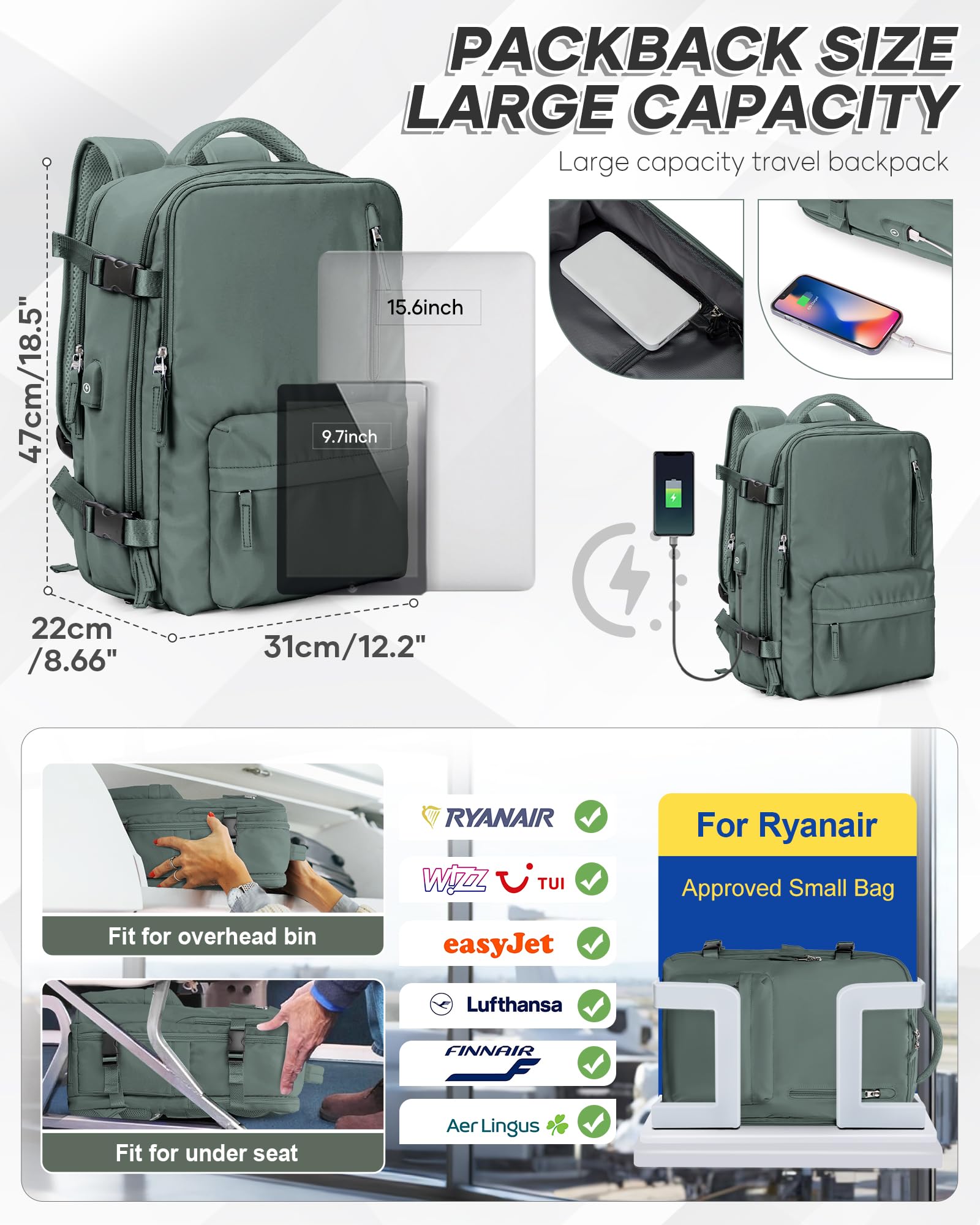 BJLFS Mochila Viaije Cabina Avion 40×30×20 Ryanair Wizzair Mochila al Vacío Equipaje de Mano 40x20x25 Maletas De Viaje Cabina Bolsa de Viaje Mujer para Cabina avion Mochila Portatil 14 Pulgadas — view 3
