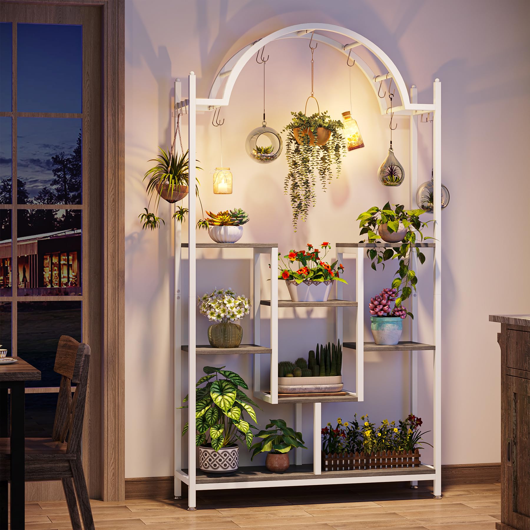Tribesigns hoher Pflanzenständer für den Innenbereich, 5 Etagen, 190 cm gewölbtes Metall-Blumenregal mit Hängehaken, großes Bonsai-Topf-Display-Regal für Garten, Balkon, Wohnzimmer, Weiß und Grau