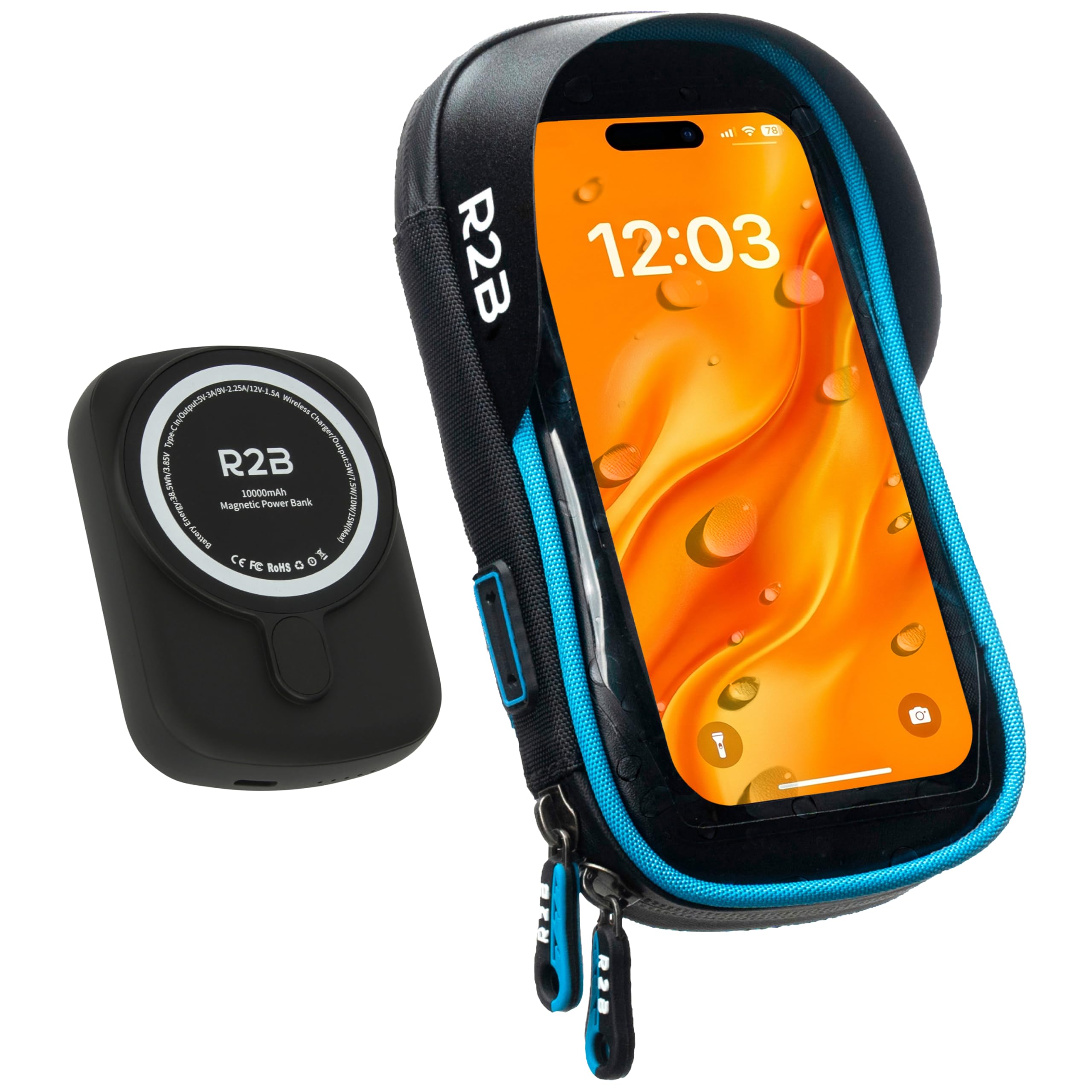 R2B Wasserdichte Handyhalterung Fahrrad mit Powerbank passend für Magsafe - Mit Zusätzlichem Staufach, Telefonhalter für Mountainbikes, Motorrad und Kinderwagen, 360-Grad-Rotationsfunktion, Einfache