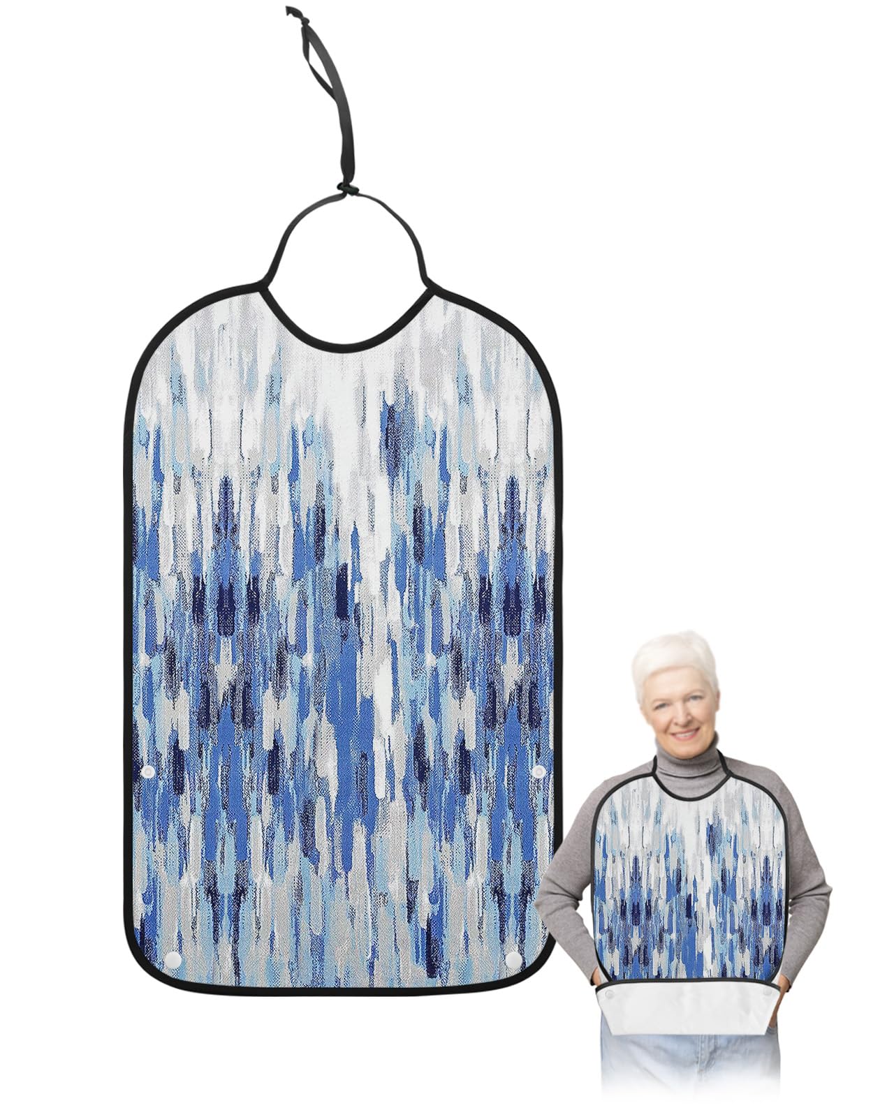 Adult Bibs for Elderly Women - Blue Ombre Waterproof Dining Clothing Protectors with Crumb Catcher for Eating/Feeding, Modern Oil Painting Abstract Art Aesthetics Terry Cloth Bib Machine Washable