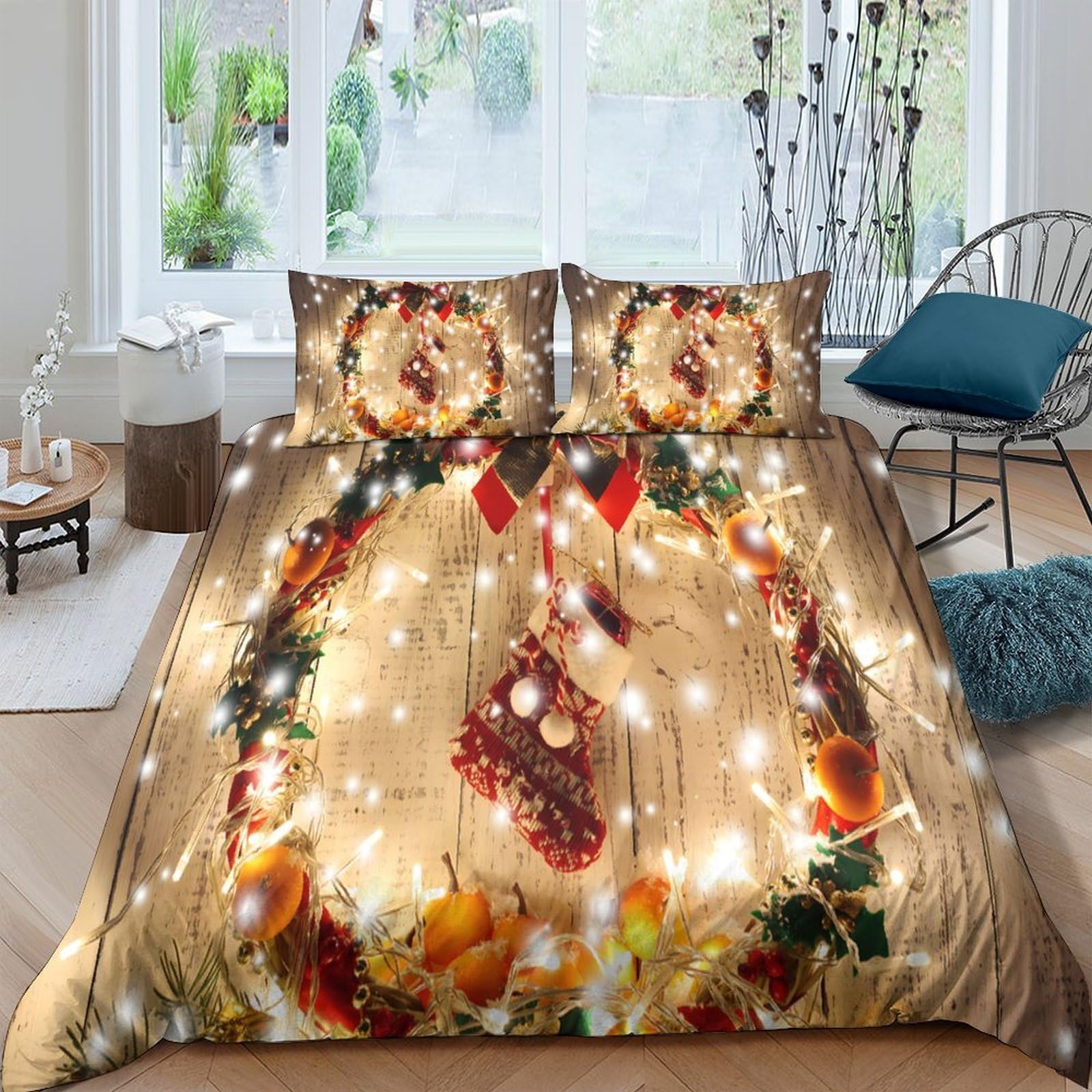 Ctjqhvkz Style-9 3D Printed Christmas Wreath Fitted Sheet Microfiber Soft Decorative Festive Lights Bed Cover For Bedroom Guest Room Single（135X200cm）