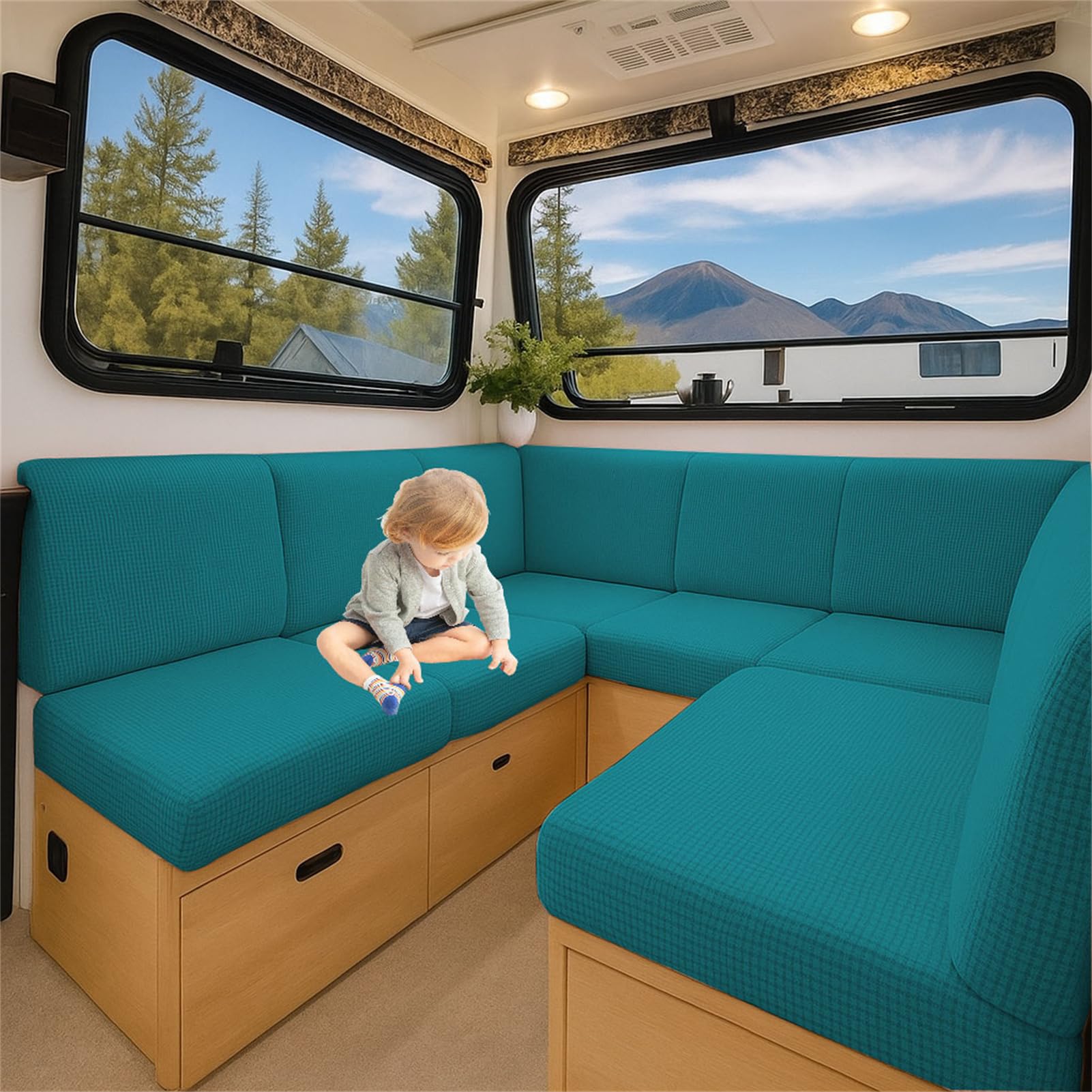 ZGDDPZA Stretch Jacquard RV Caravan Cushion Cover Non-Slip Fit Multi‑Size for Dinette Motorhome, Indoor Seating & Camper Benches (Peacock blue,L 135-165cm W 65-95cm)
