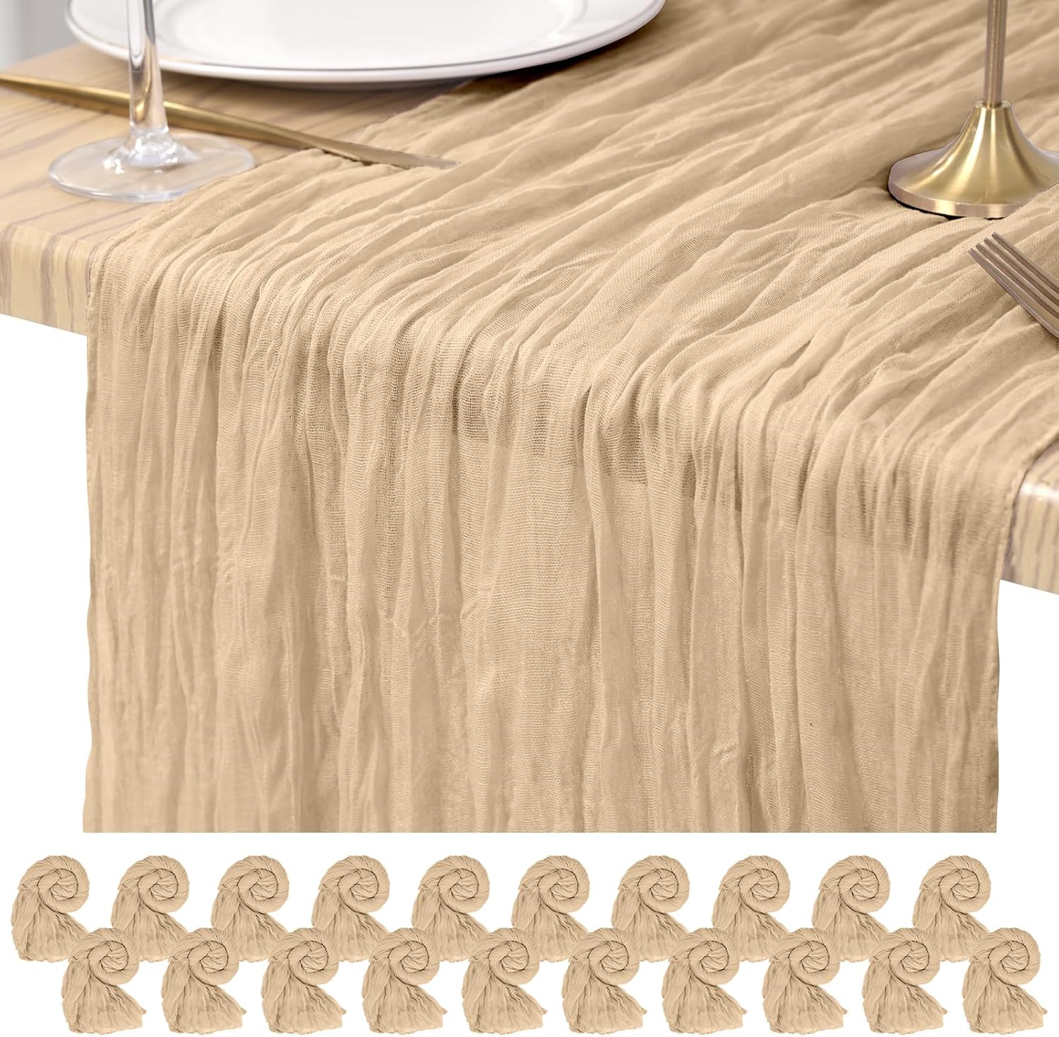20 Pack Cheesecloth Table Runner Beige, Rustic Boho Gauze Fabric Table Runner Romantic Table Runner for Wedding, Festival, Birthday, Anniversary, Dinner and Outdoor Events (17.7 x 108 inch)