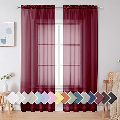 Simplebrand Red Sheer Curtains 84 Inches Long, Light Filtering Rod Pocket Solid Color Window Sheer Curtain Panels, Elegant Curtains & Drapes for Living Room, Bedroom 2 Panels (Burgundy, 42" W x 84" L)