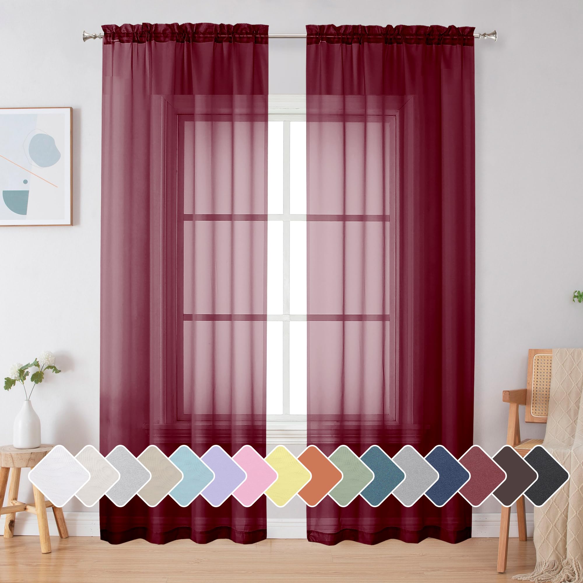 Simplebrand Red Sheer Curtains 84 Inches Long, Light Filtering Rod Pocket Solid Color Window Sheer Curtain Panels, Elegant Curtains &amp; Drapes for Living Room, Bedroom 2 Panels (Burgundy, 42" W x 84" L)