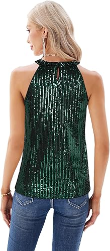 Miniatura 3 de GRACE KARIN Camisetas halter de lentejuelas para mujer, sin mangas, brillantes, fruncidas, fluidas, brillantes, para club, camisa de fiesta