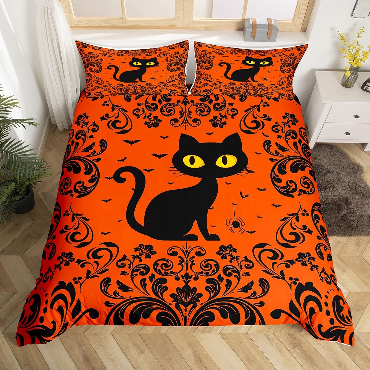 Orange Black Halloween King Comforter Cover Black Damask Cat Bedding Set Halloween Gothic Cat Duvet Cover for Kids Adults Goth Floral Spider Bats Quilt Cover Lightweight 2 Pillow Cases