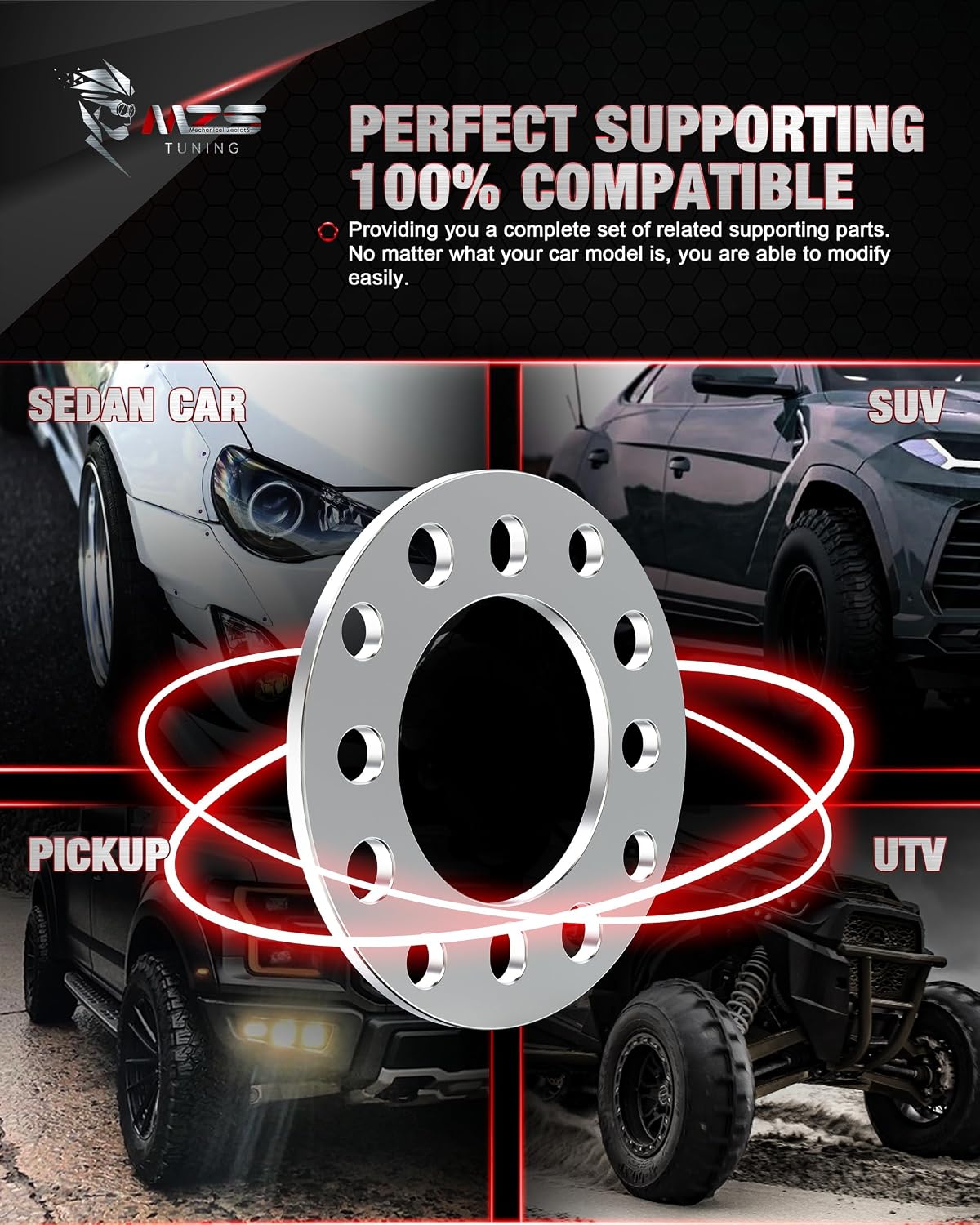 MZS Wheel Spacers, 1/4" 6mm Thick 4x98 4x100 4x4 / 4x101.6 4x4.25 / 4x108 4x4.5 / 4x114.3 - FitM10 M12 M14 1/2" 7/16" Thread Pitch Universal Spacers