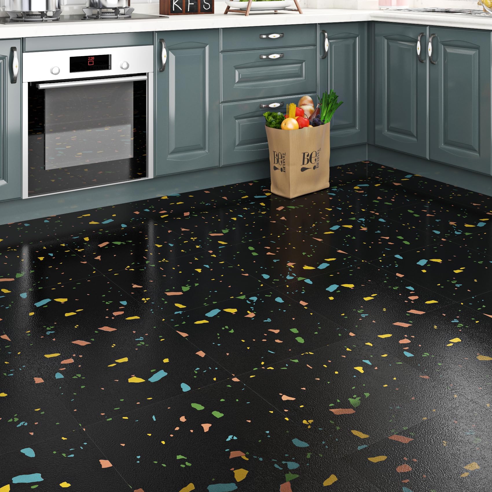 Livelynine PVC Bodenbelag Fliesenoptik Bunt 30x30CM Vinylboden Selbstklebend Badezimmer Schwarz Terrazzo Klebefliesen Boden Schwarz Granit 16-Fliesen PVC Fliesen Selbstklebend Küche Boden Schlafzimmer