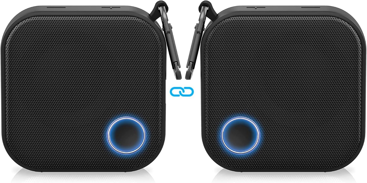 Brookstone Bluetooth Speakers, IPX7 Waterproof Indoor and Outdoor Speaker, Portable Speakers, Computer Speakers for Desktop Monitors, Tap to Link Multiple Speakers, Carabiner Clip Included