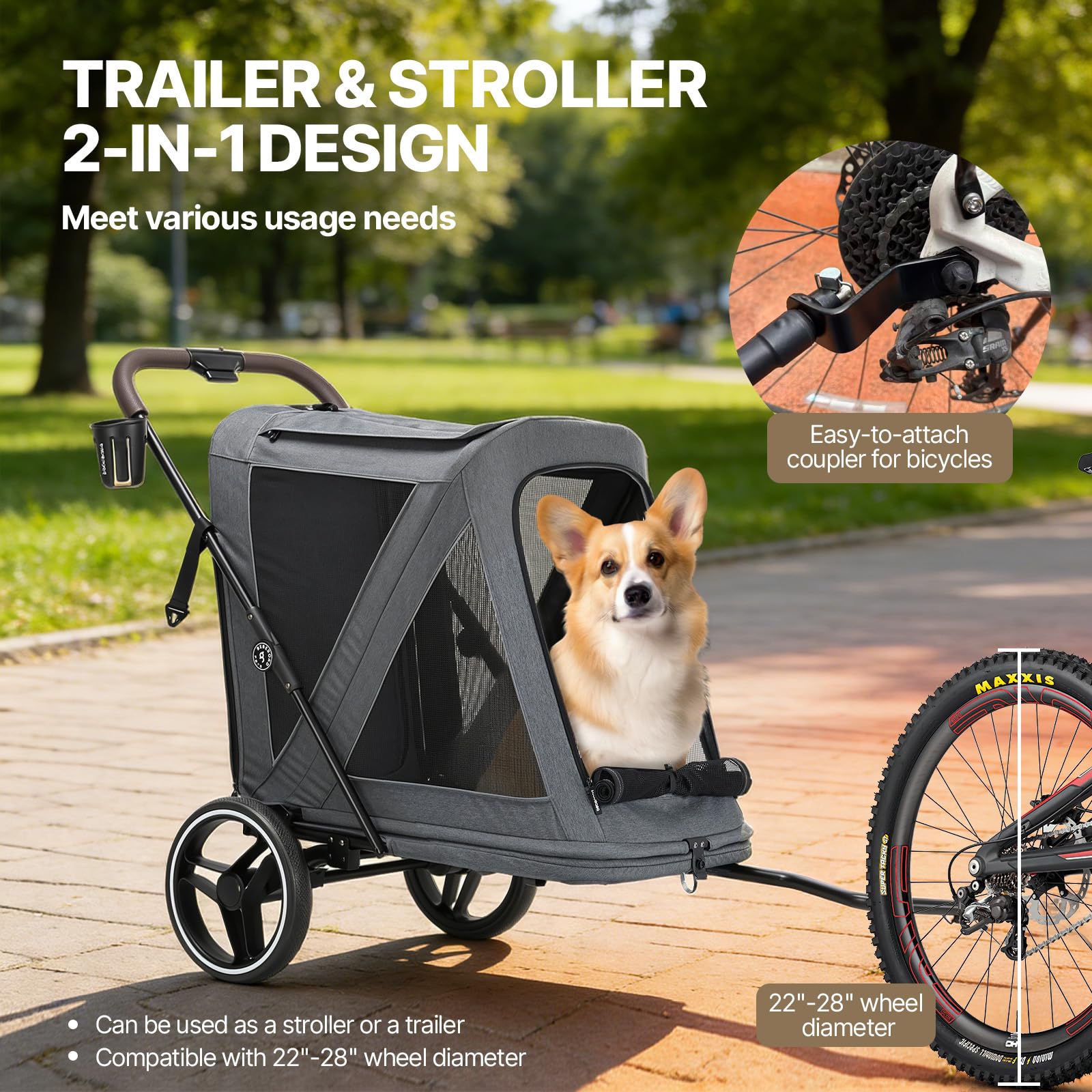 Beberoad 2-in-1-Hundebuggy & Fahrradanhänger für große Hunde, R7 All-Terrain Haustier-Kinderwagen mit ER-Reifen und Stoßdämpfung, Ein-Sekunden-Faltung, 360°-Netz-Belüftung, abnehmbares, waschbares