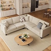 ONBRILL Beige L-Shaped Sectional Sofa for Small Spaces, Chenille Corner Couch with 3 Pillows, Easy Assembly Apartment Furniture