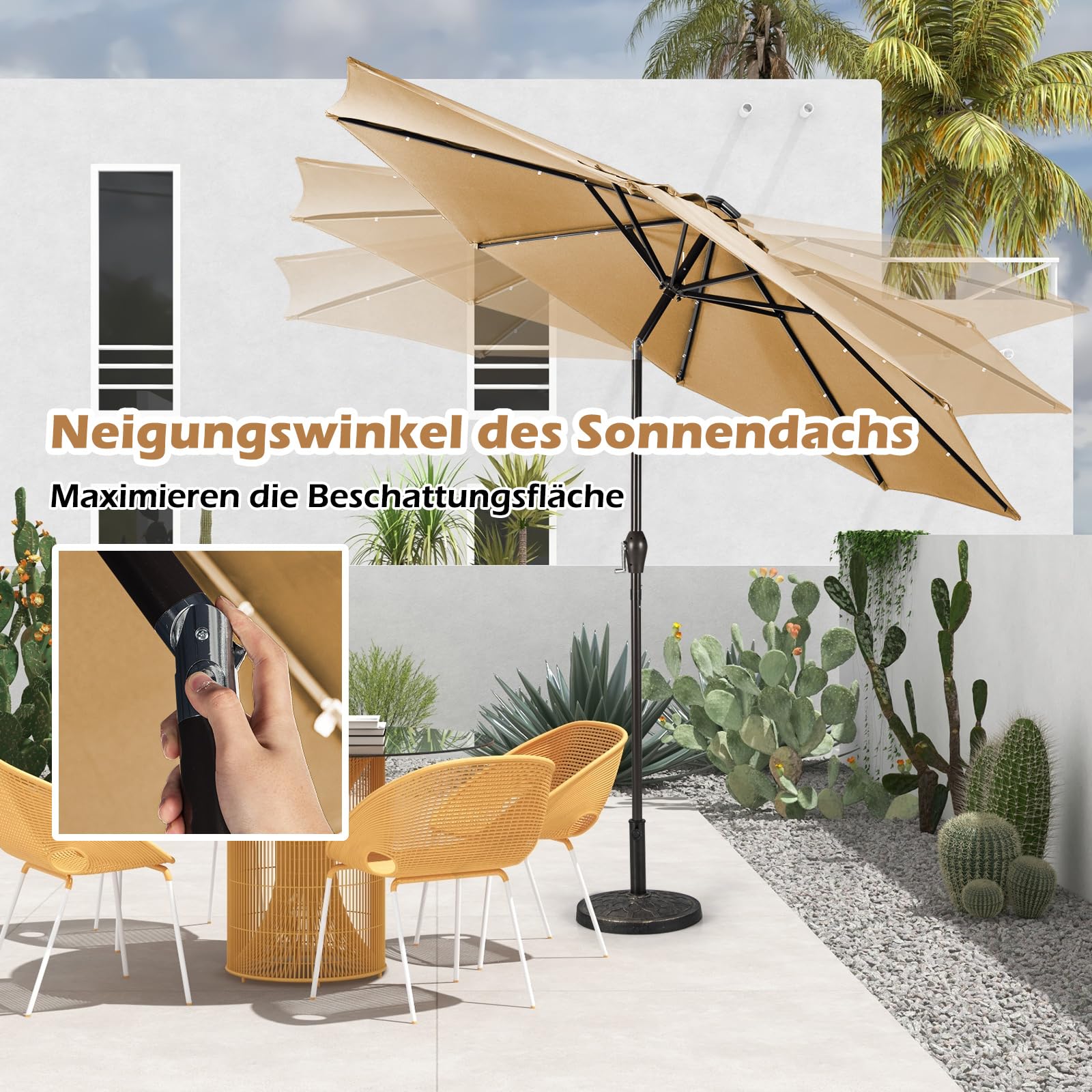 COSTWAY Sonnenschirm 300 cm mit LED-Solar-Beleuchtung, Gartenschirm mit Kurbel, beidseitig um 30° knickbar, Terrassenschirm mit 8 Rippen, Marktschirm für Garten, Balkon, Terrasse, Beige