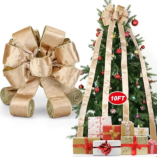 Miniatura 1 de Colovis Arco para decoración del árbol de Navidad, serpentinas de 10 pies de largo, lazo dorado, lazos de cinta de terciopelo para decoración del