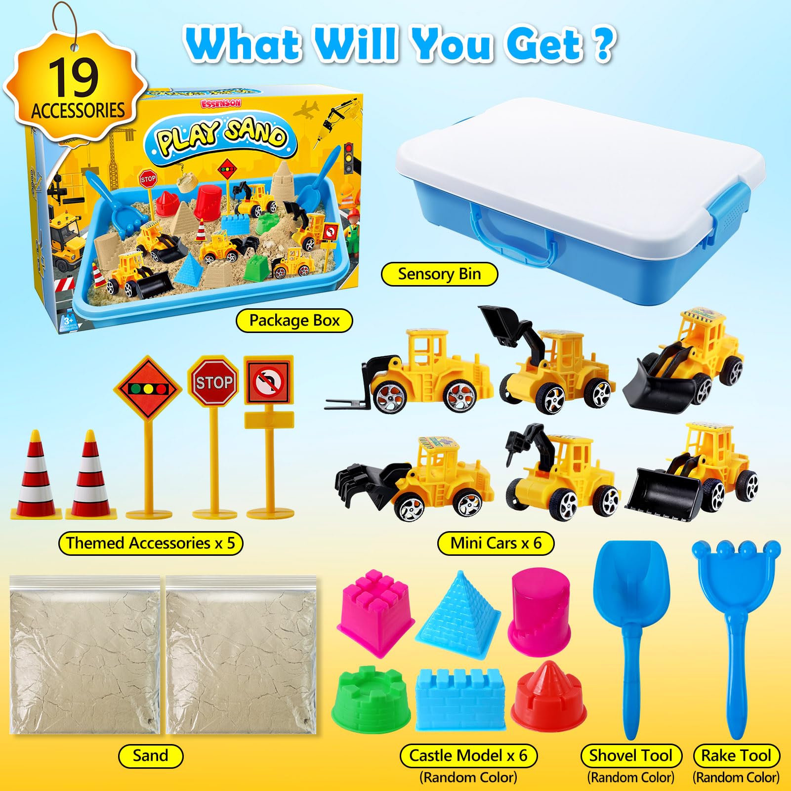 essenson Magic Sand Set, Baustellen Spielsand für Kinder, Sandkasten mit 19 Zubehörteilen, Zaubersand Sandspielzeug für Jungen ab 3-12