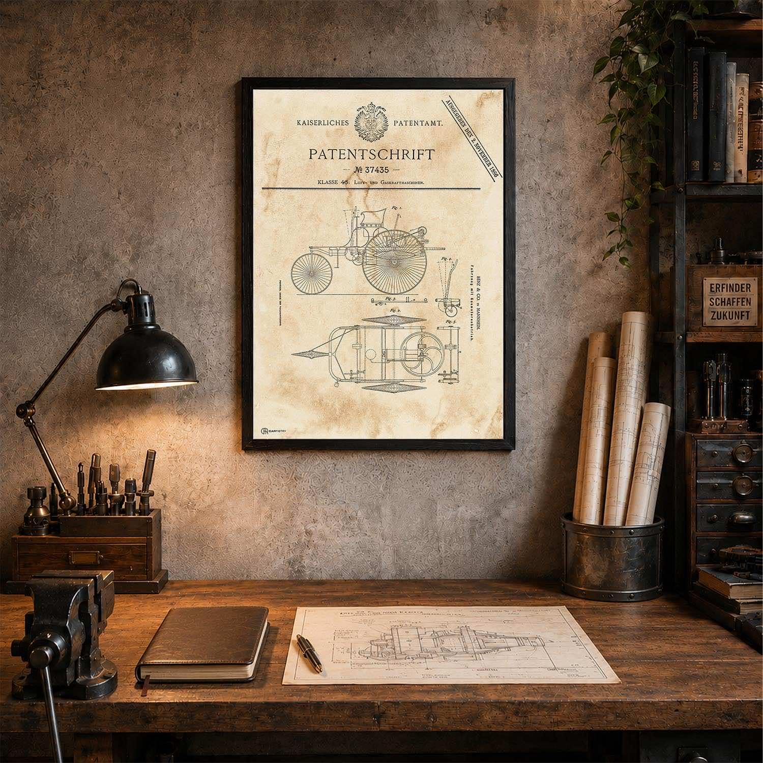 Cartistry Patent Poster Carl Benz (70x50cm, Holzrahmen Schwarz) | Patent Zeichnung, Poster Vintage, Geschenk für Männer und Autoliebhaber