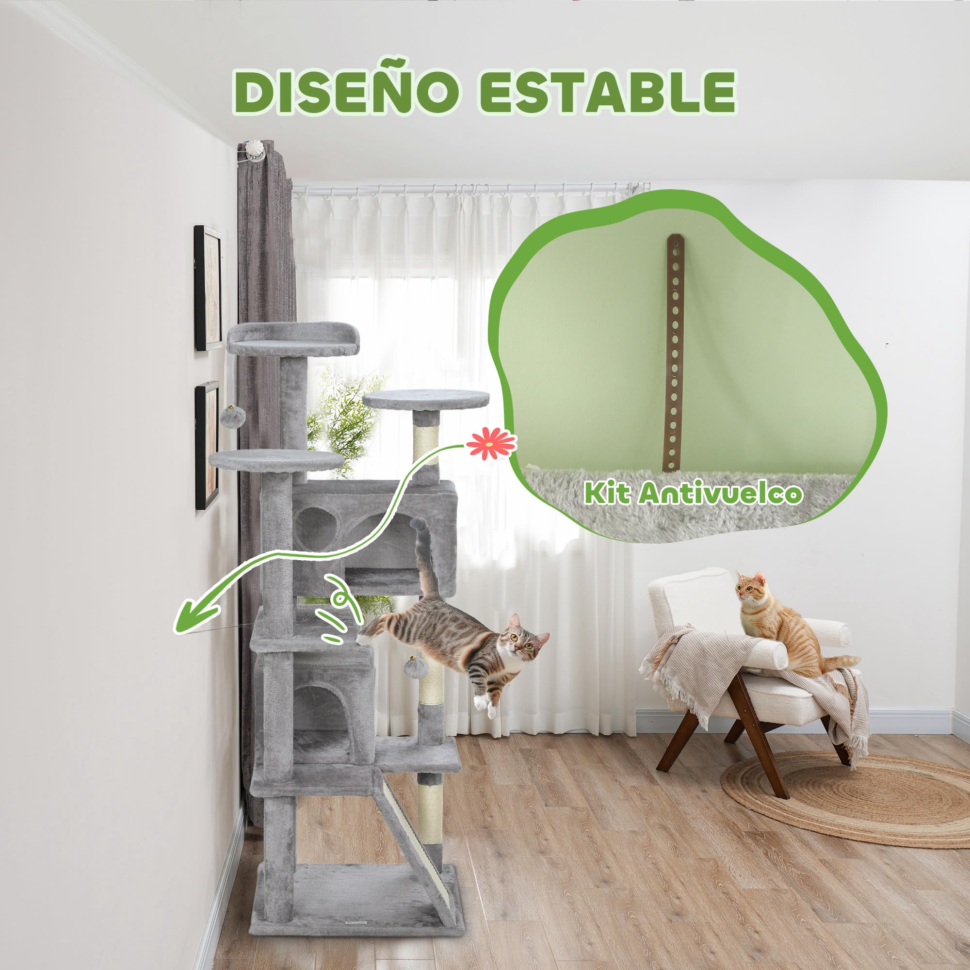 PawHut Rascador para Gatos Altura 138 cm con Postes de Sisal Gris Claro | Árbol para Gatos, Torre de Escalada, Plataformas, Cuevas, Bolas Colgantes, Hamacas