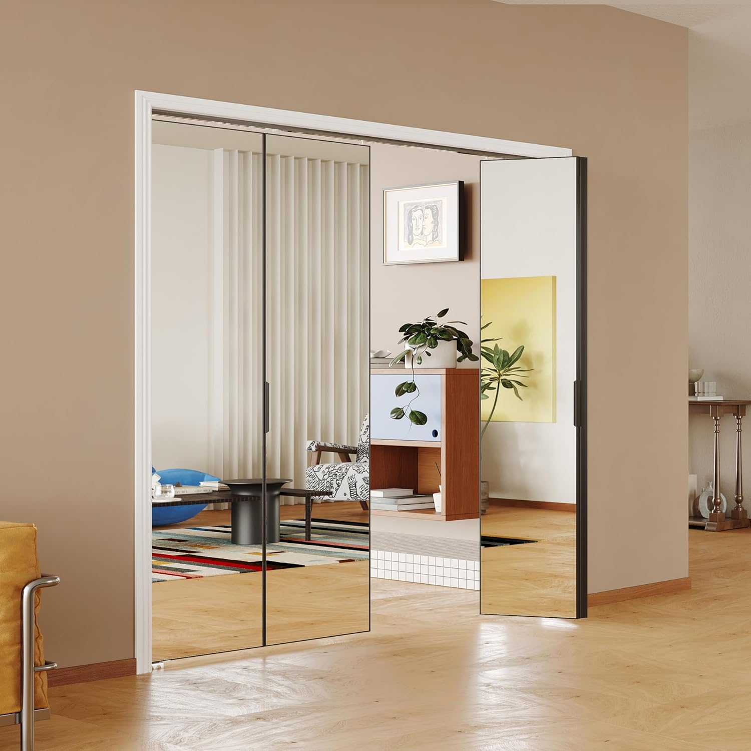 1-Lite Mirror Aluminum Alloy Bifold Doors, Perfect for 36'' x 80'' Openings, Interior Closet Door wtih Sliding Hardware Kit, Folding Door for Bedroom, Black