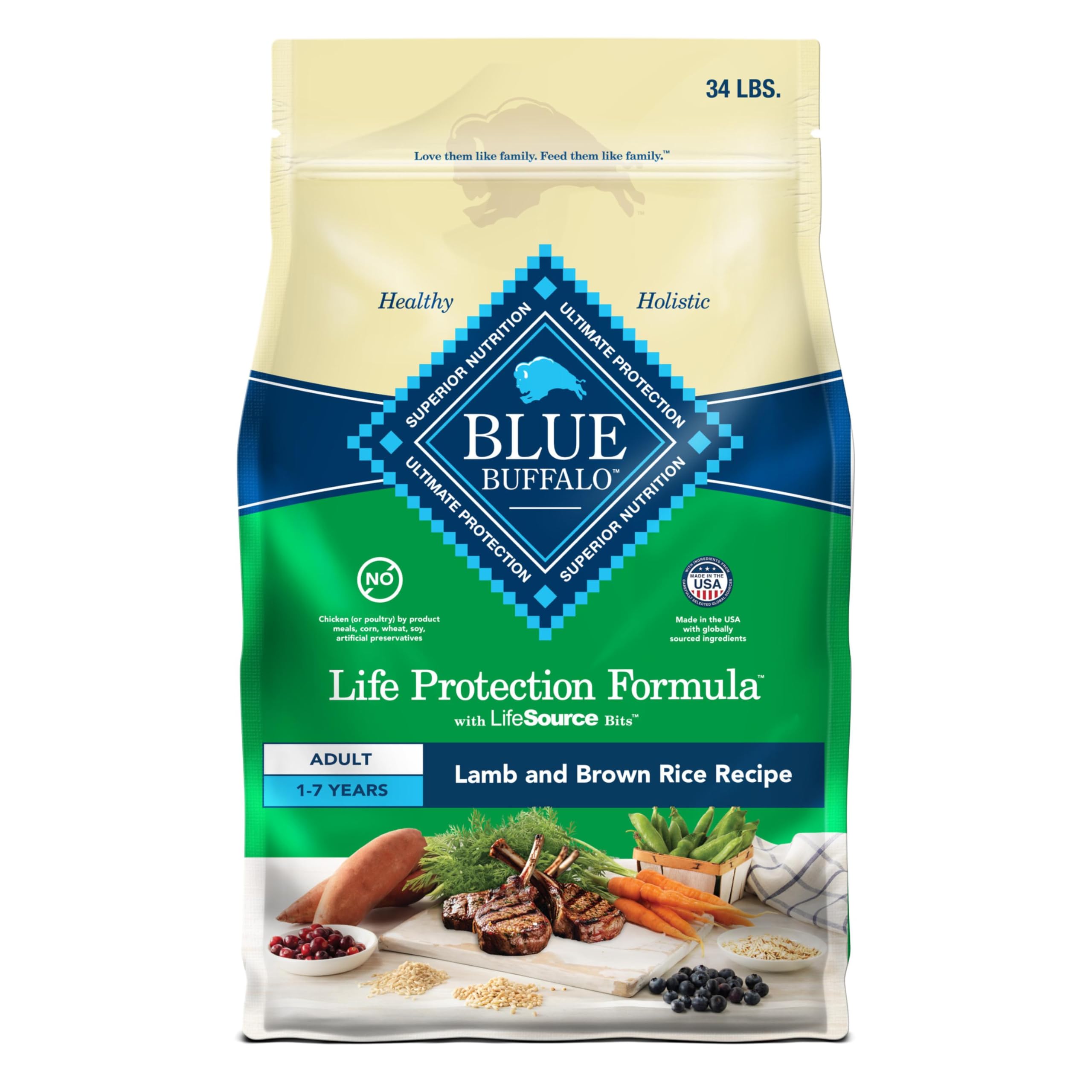 Blue Buffalo Life Protection Formula Adult Dry Dog Food, Helps Build and Maintain Strong Muscles, Made with Natural Ingredients, Lamb & Brown Rice Recipe, 34-lb. Bag