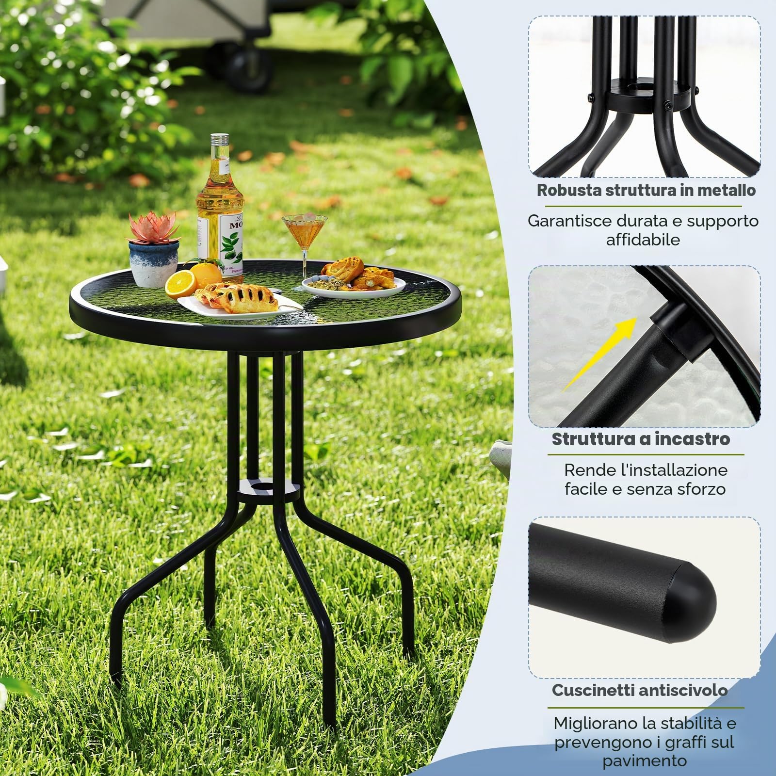 KOMFOTTEU Tavolo da giardino con foro per ombrellone da 4 cm, tavolo da bistrot 70 x 70 x 71 cm in vetro temperato, tavolo da pranzo rotondo con struttura in metallo, tavolino per balcone, terrazza